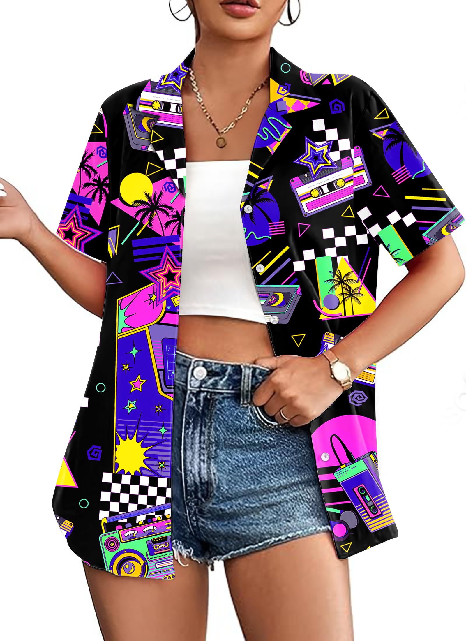 VVNTY Chemise hawaïenne pour femme, années 80 et 90, boutonnée, rétro, été, fête, chemisier à manches courtes