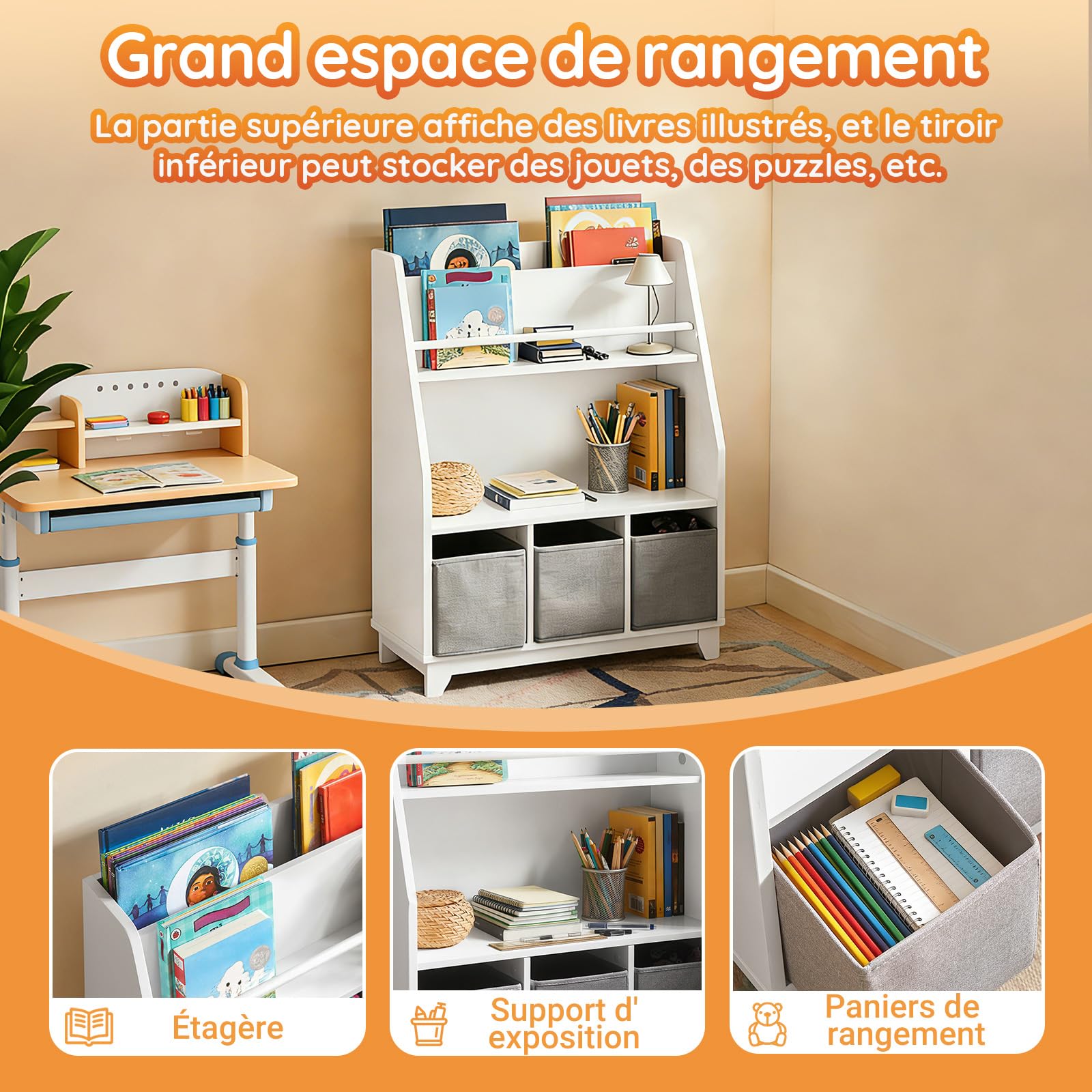 SoBuy Bibliothèque Enfant 3 Paniers Charge Max. 50kg 63x28x80cm | étagère livre avec compartiments et boîtes de rangement, MDF E1, pour chambre bébé KMB34-W