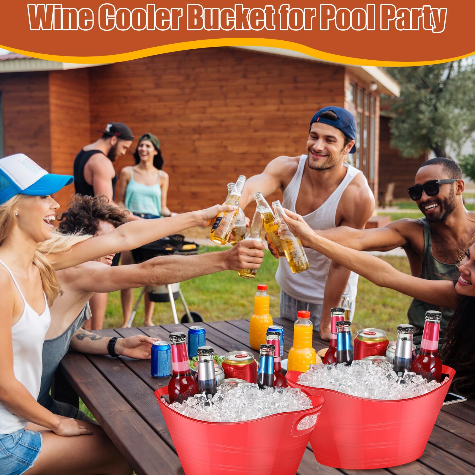 Norme 24 Pcs Oval Storage Tub with Handles, 4.5L Plastic Ice Bucket Wine Beer Champagne Bottle Drink Cooler Tub for Parties Beverage, Storage Basket (Red)