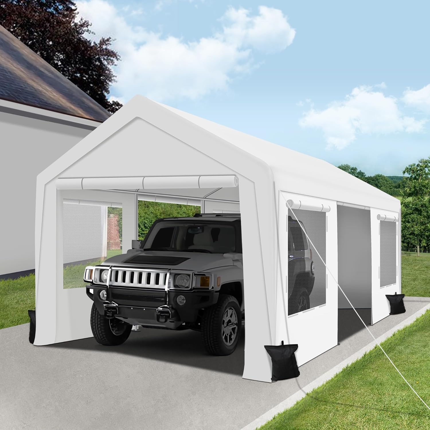Upgraded 10 x 20Ft Heavy Duty Carport, Portable Garage Shelter with with Roll-up Sidewall and Ventilated Windows,Sand Bags, for Truck, Boat, Car