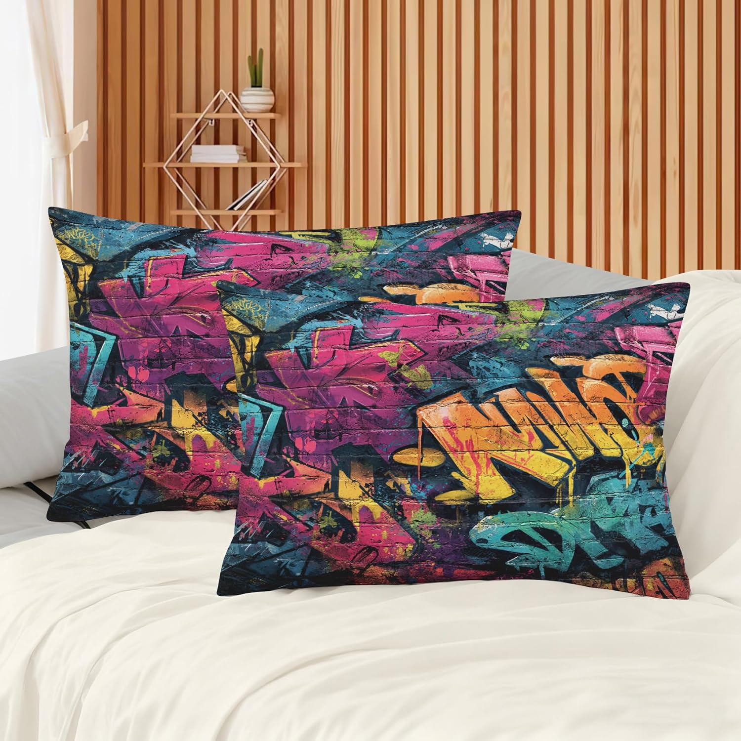 2 Pack Colorful Graffiti Satin Pillowcase - Queen Size 20"x26" Soft Hip Hop Street Culture Pillow Cover with Hidden Zipper, Satin Pillow Cases, Set of 2, for Sofa, Bed, Couch, Living Room, Home Decor