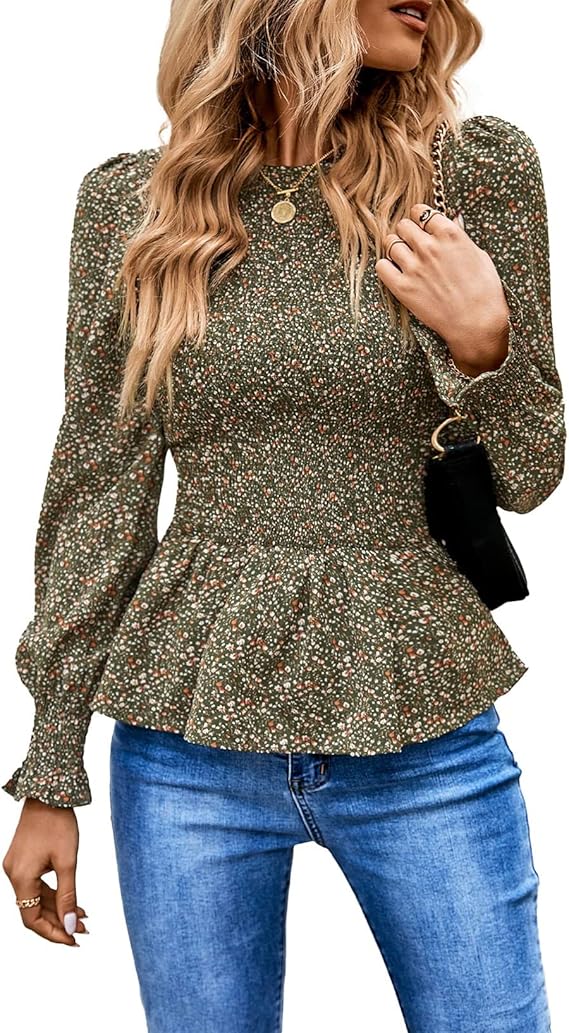 PRETTYGARDEN Women's Tops Casual Long Sleeve Crewneck Floral Print Smocked Ruffle Hem Slim Babydoll Blouse Shirt Tunics