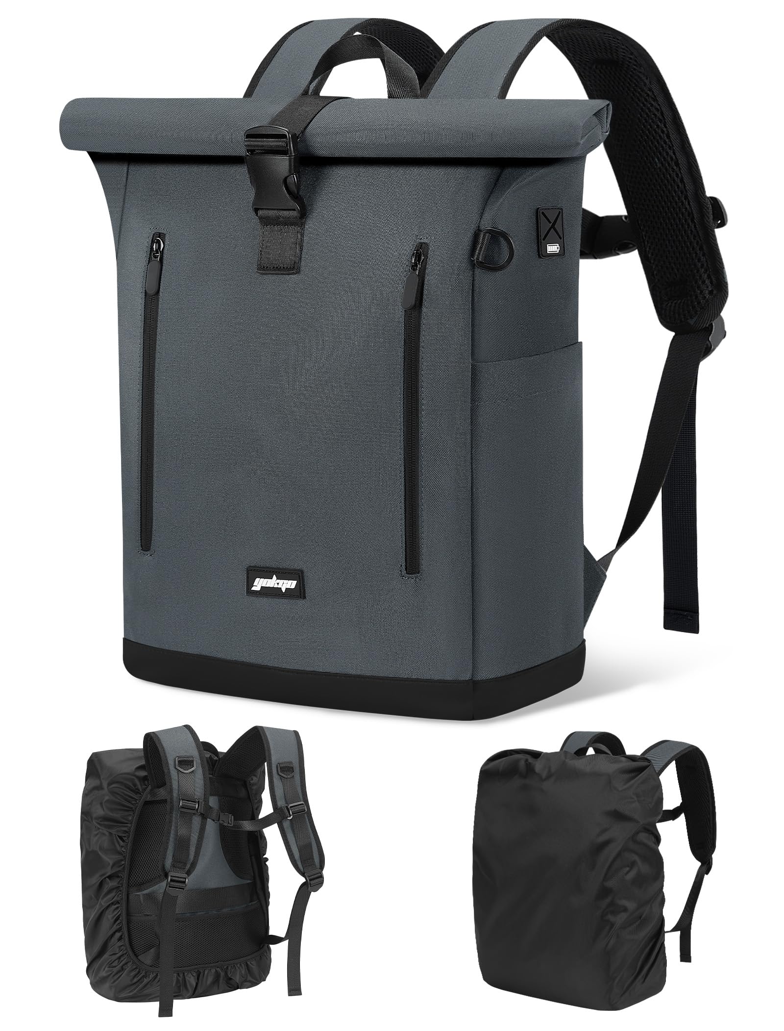 YOKGO Rucksack Damen & Herren, Rolltop Rucksack Wasserfest LaptopRucksack Schulrucksack mit 15,6