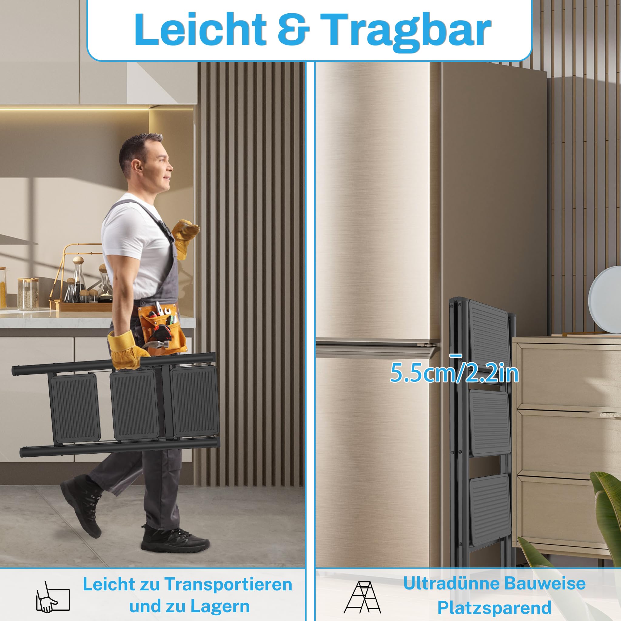 Froadp Scaletta pieghevole a 3 gradini, antiscivolo, in ferro, multifunzione, per casa, cucina ed esterni, portata fino a 250 kg