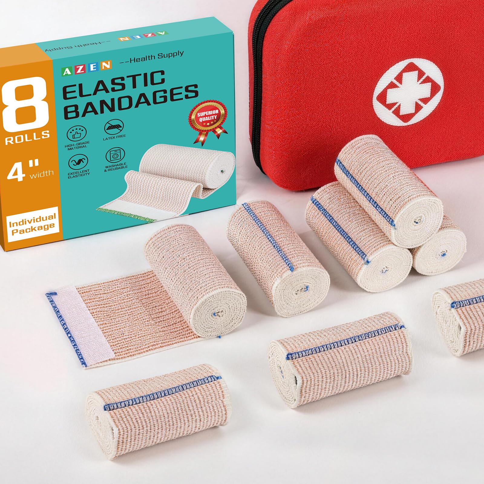AZEN Premium 8 Pack Elastic Bandage Wrap 4 Inch, Compression Wrap Bandage for Legs, Lymphedema Wraps for Legs, Ankle, Knee, Tummy, Body, Latex-Free — Amazon image 6