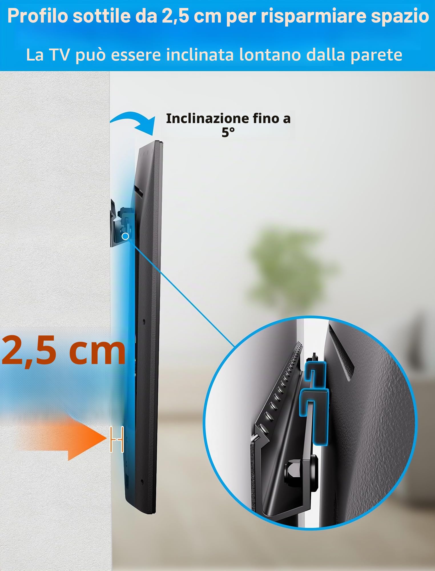 Supporto da Parete TV Senza Trapano, Staffe per TV per Schermi Piatti da 32-75 Pollici, Supporto TV Ultra Sottile Universale, Capacità Fino a 68KG, Max VESA 600x400mm, Inclinazione +5°