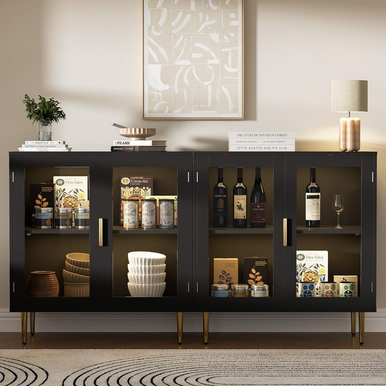 Sideboard Buffet Cabinet with 4 Doors, Modern Sideboard Cabinet with LED Lights, Bar Cabine with Shelf, Coffee Bar Storage Cabinet with Golden Handles for Kitchen, Black
