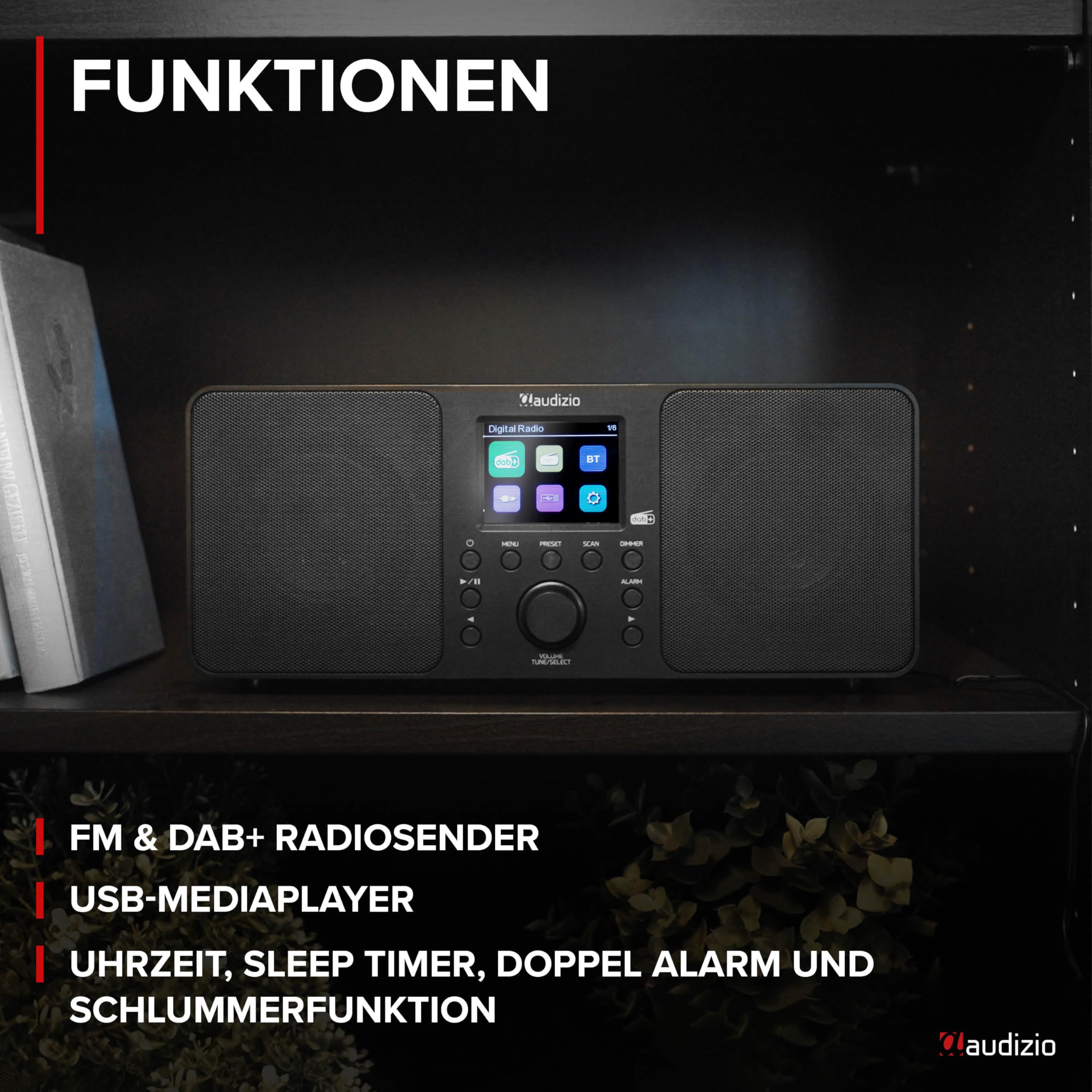Audizio Genua DAB Radio mit Bluetooth – Stereo DAB Plus Radio mit Fernbedienung, 60 Speicherplätze, Auto Scan, Line-Out, USB, Ideal für Zuhause und Unterwegs, Einfache Bedienung - Holz Look