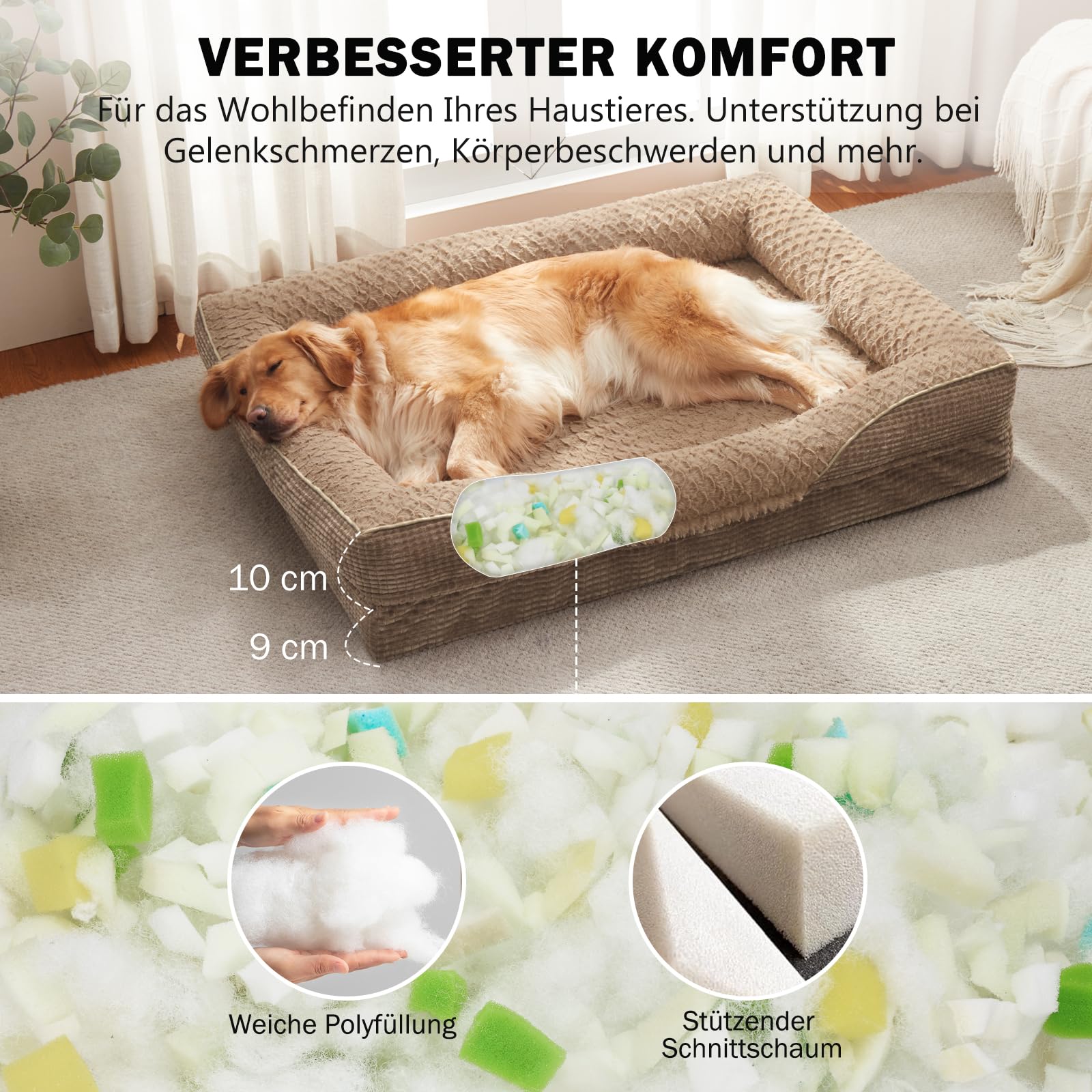 FURTIME Cuccia ortopedica per cani di taglia grande, in memory foam, XL, rimovibile e lavabile, antiscivolo, con bordo alto, marrone, 107 x 81 x 19 cm