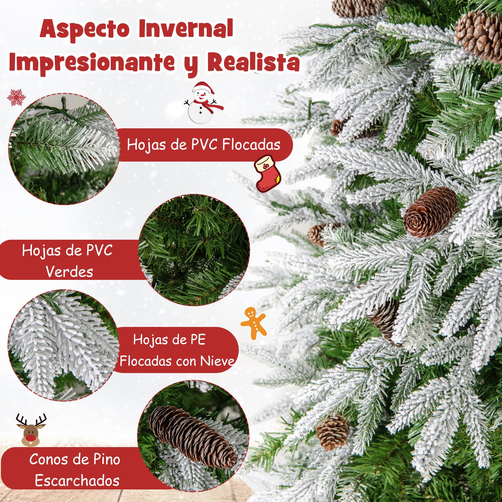COSTWAY Árbol de Navidad Nevado 225 cm, Arbol de Navidad con Luces Incorporadas, 470 Luces LED Blanco Cálido, 81 Piñas, 1135 Ramas de PE y PVC, Arvore de Natal Hogar Oficina Fiesta (225cm)
