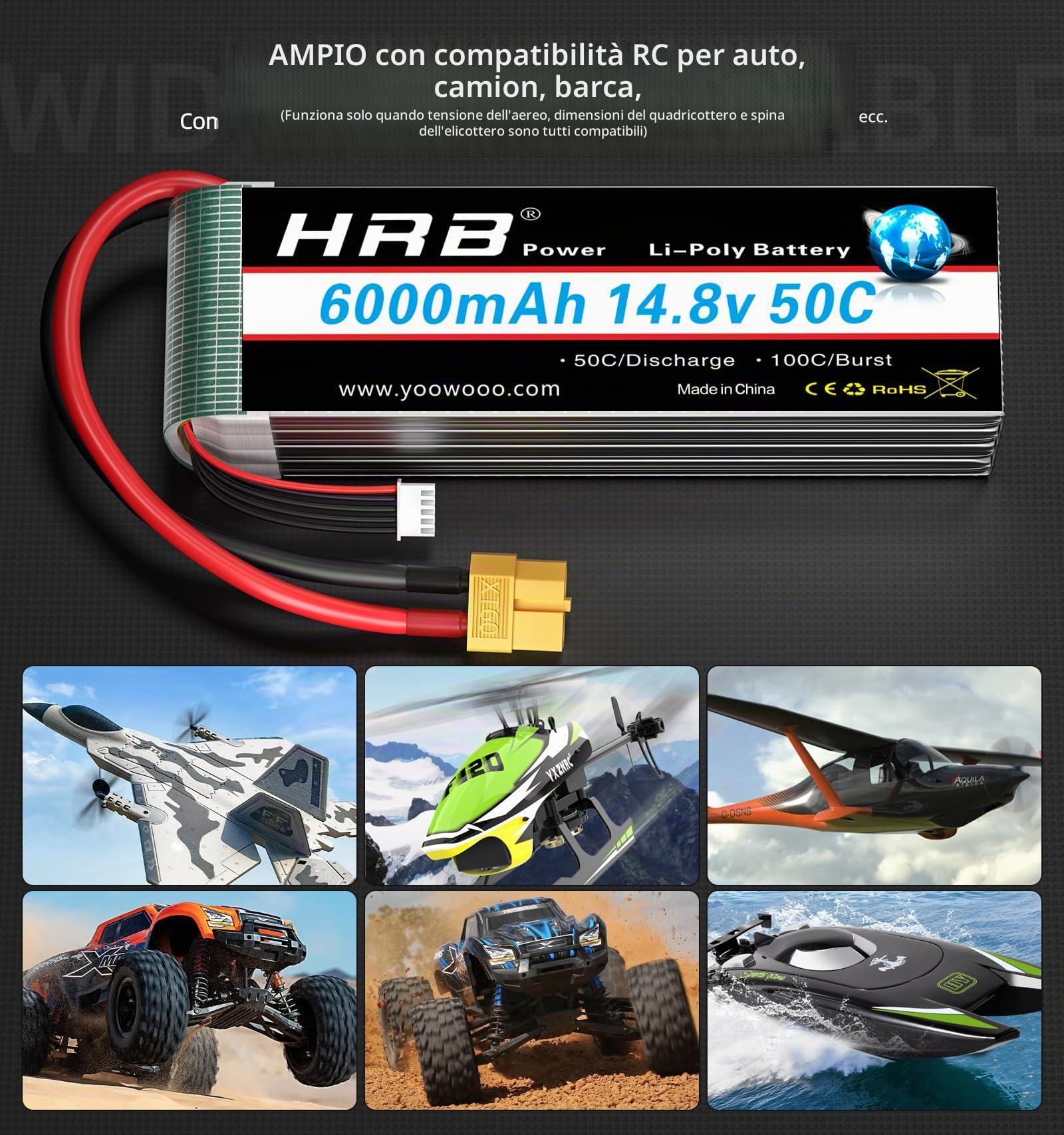 HRB 14.8V 6000mAh 4S Lipo Battery Pack 50C con XT60 Plug per RC aereo, RC elicottero, RC auto, RC camion, RC barca CondizioneTipo