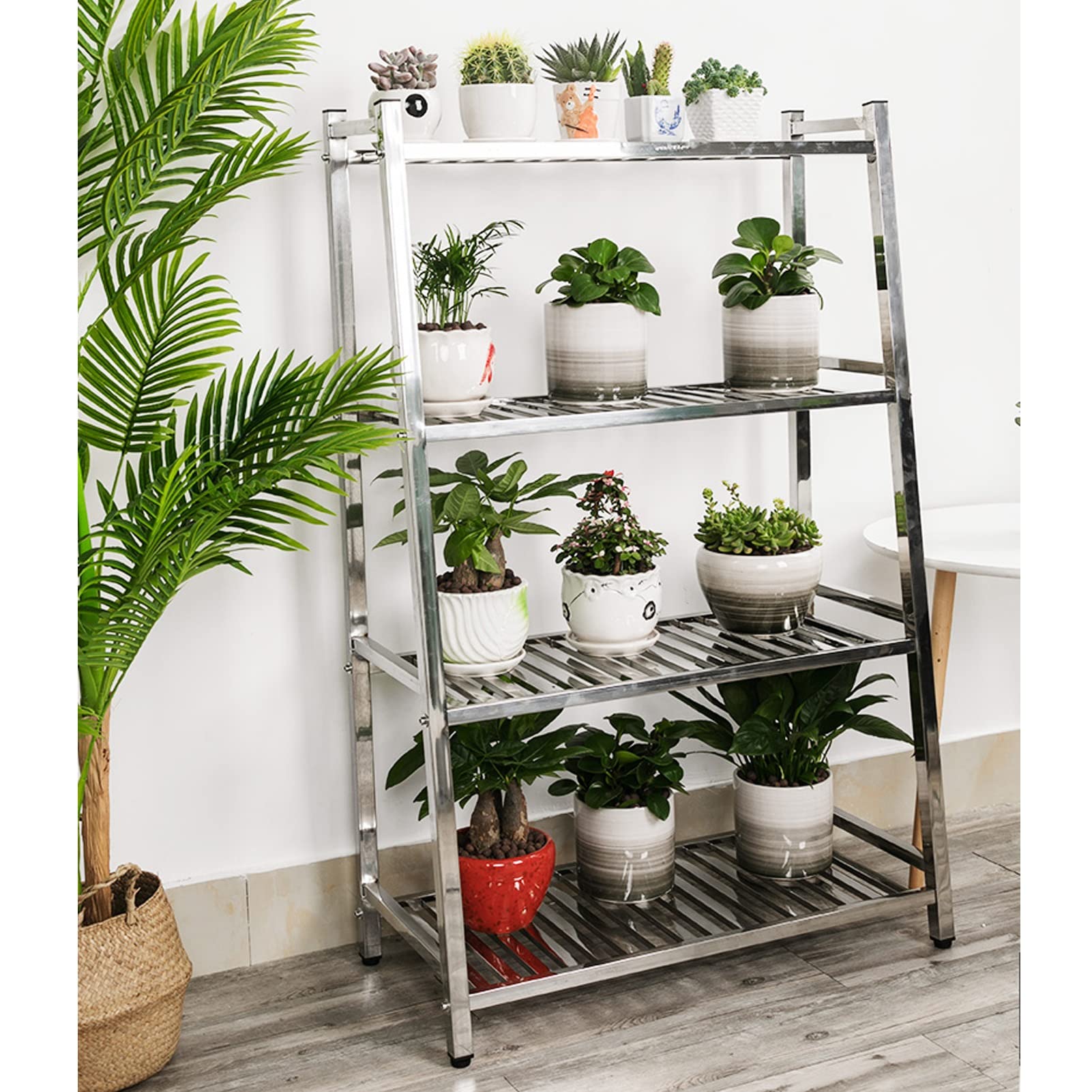 Outdoor Plant Stand Stainless Steel, 4 Tier Flower Pot Display Shelf Rack For Garden Greenhouse Patio Balcony Outside Storage Rack Organizer Planter