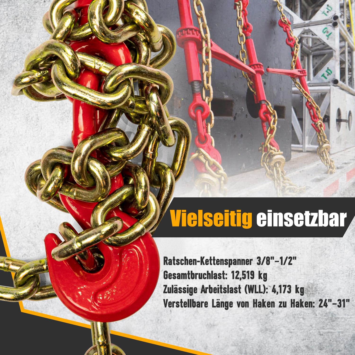 2 Stück 3/8"-1/2"(9.5-12.7mm) Kettenspanner,4170 KG Ratschenspanner für Zurrkette der Güteklasse 70–80，Ladungssicherung