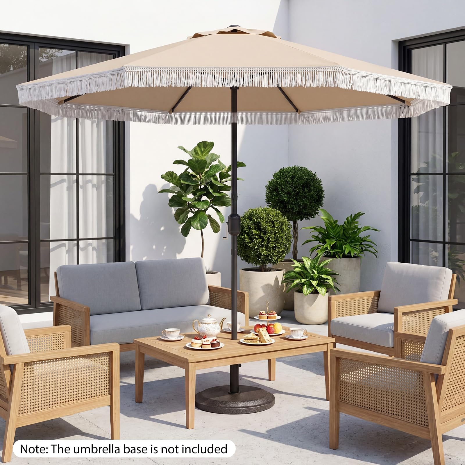 FANTASK Sonnenschirm 270 cm, Boho Gartenschirm mit Fransen, Balkonschirm rund mit Kurbel, beidseitig um 30° knickbar, UV-Schutz Gartenschirm, Balkonschirm für Balkon, Garten, Strand Pool (Beige)