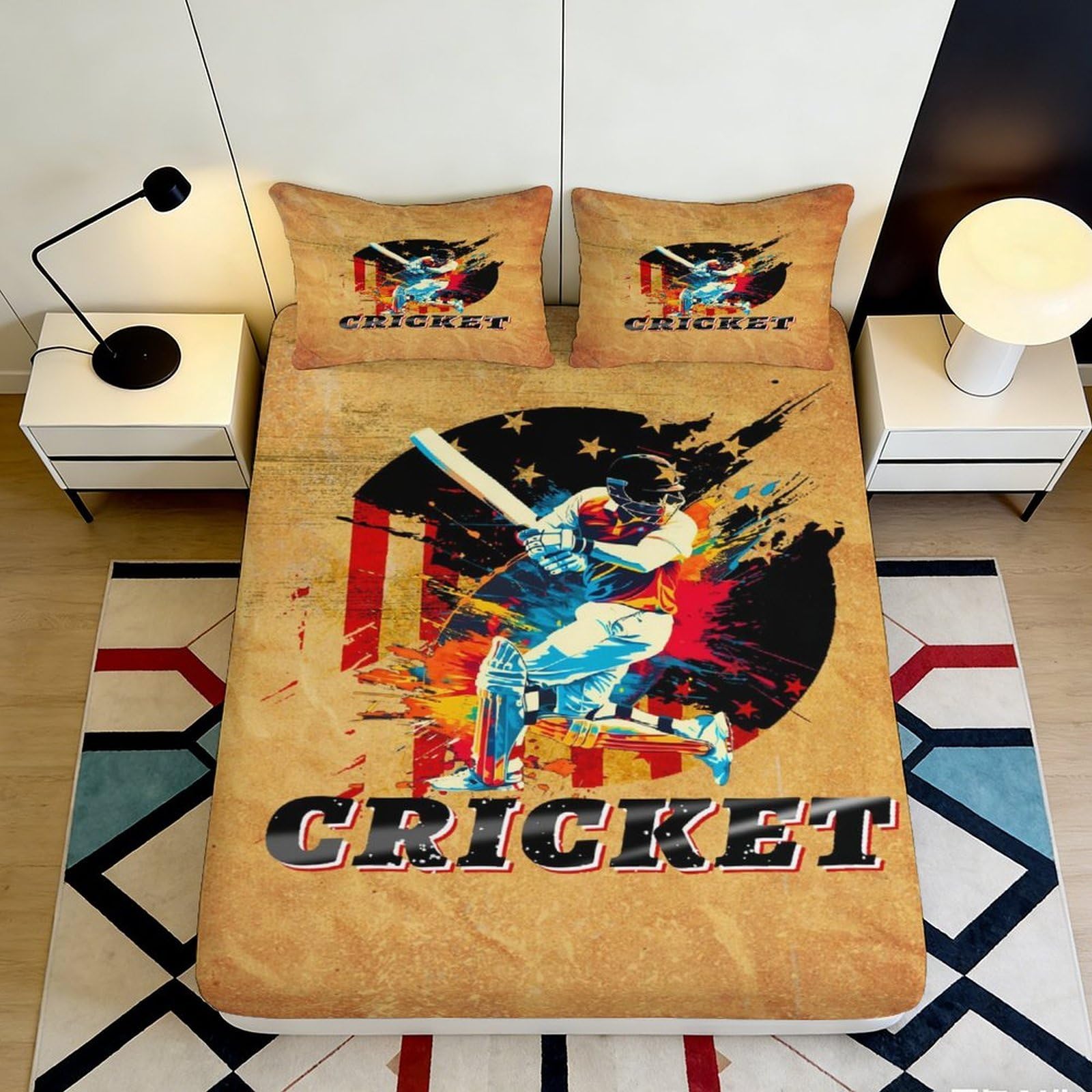 Pnayamiorkfel Style-6 3D Printed Cricket Player Fitted Sheet Microfiber Soft Non-Slip Sports Art Bed Cover For Bedroom Guest Room Decor 90X200x25cm