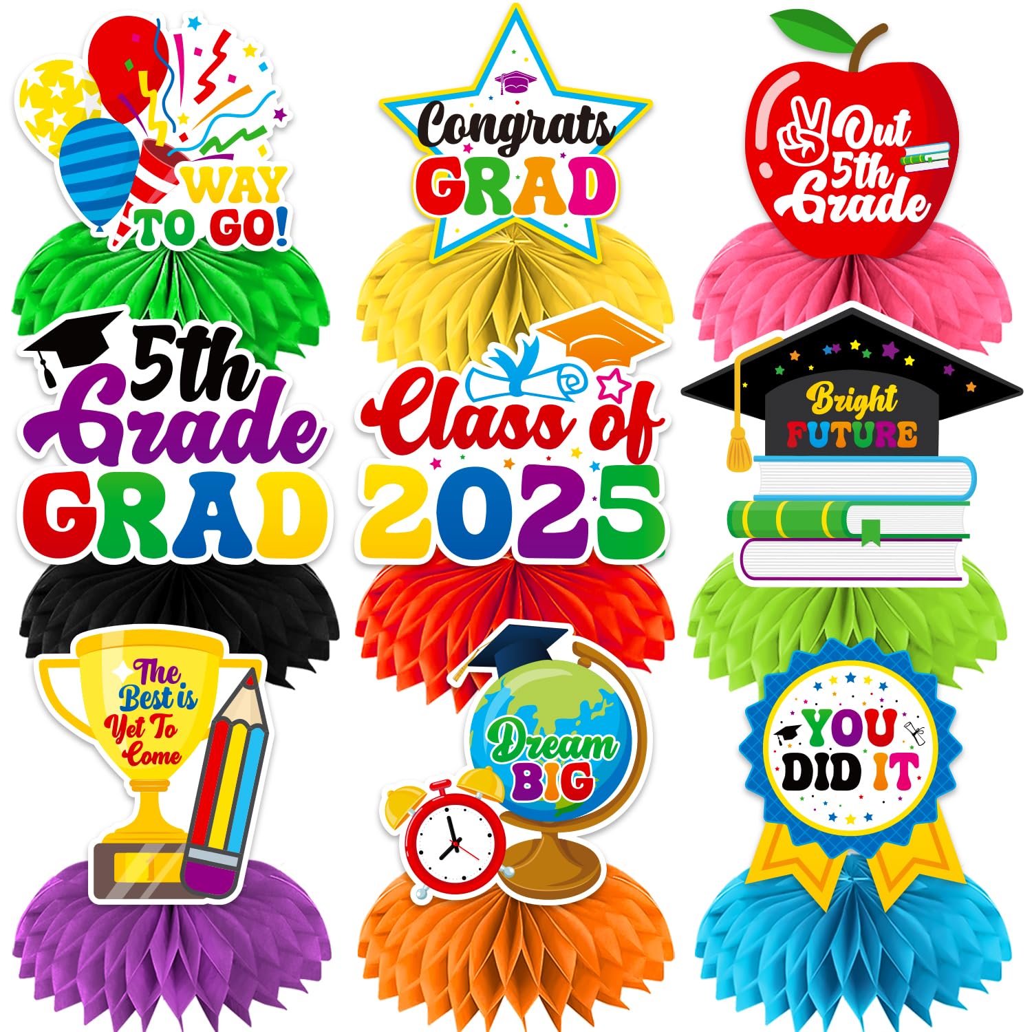 9Pc 5th Grade Graduation Decorations Honeycomb Centerpieces, 3D Double Side Fifth Grade Graduation Decorations for Table, Elementary School Graduation Decorations for Party Office Classroom
