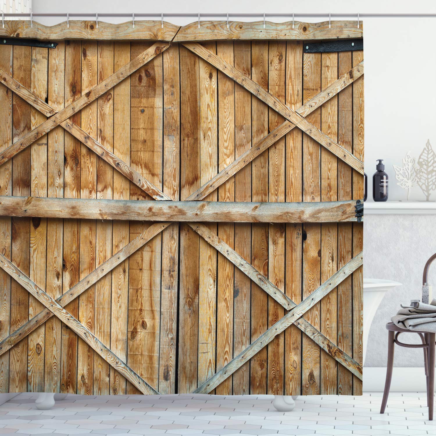 ABAKUHAUS Rustic Shower Curtain, Traditional Wooden Timber Door with Vertical and Planks Farmhouse Antique Photograph