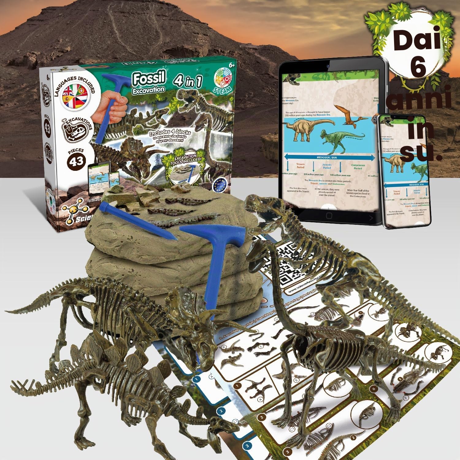 Science4you - Kit Dinosauri 4 in 1 - Fossili da Scavare e Assemblare di 4 Dinosauri: T Rex, Stegosauro, Triceratopo e Velociraptor - Scheletro Dinosauro da Construire, Giocattoli per Bambini +6 Anni