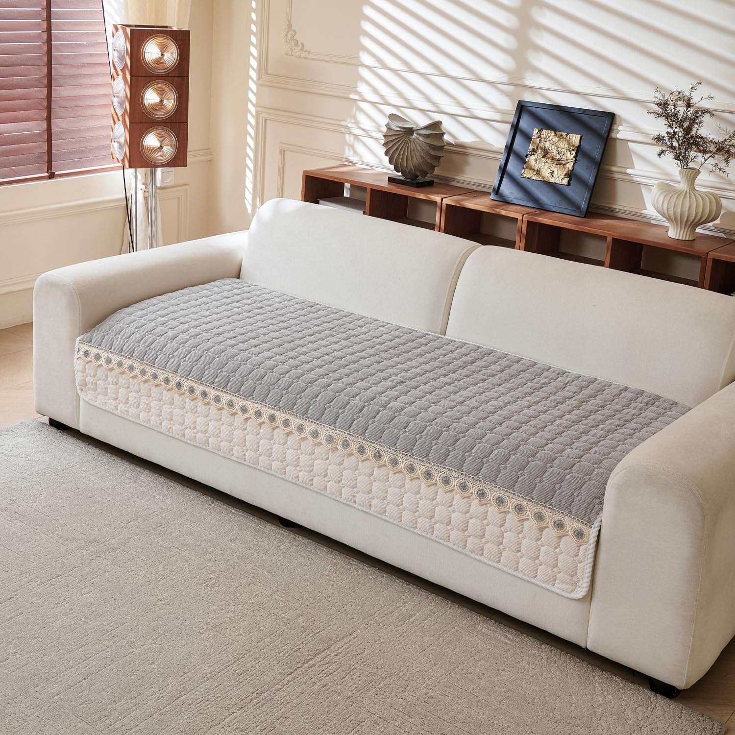 House of Quirk ‘Waffle Quilt Series’ Corduroy Chenille Couch Cover – Quilted Non-Slip Washable Sofa Slipcover, Soft Durable Furniture Protector (Three Seater, Grey, 90x180 cm)-image-0