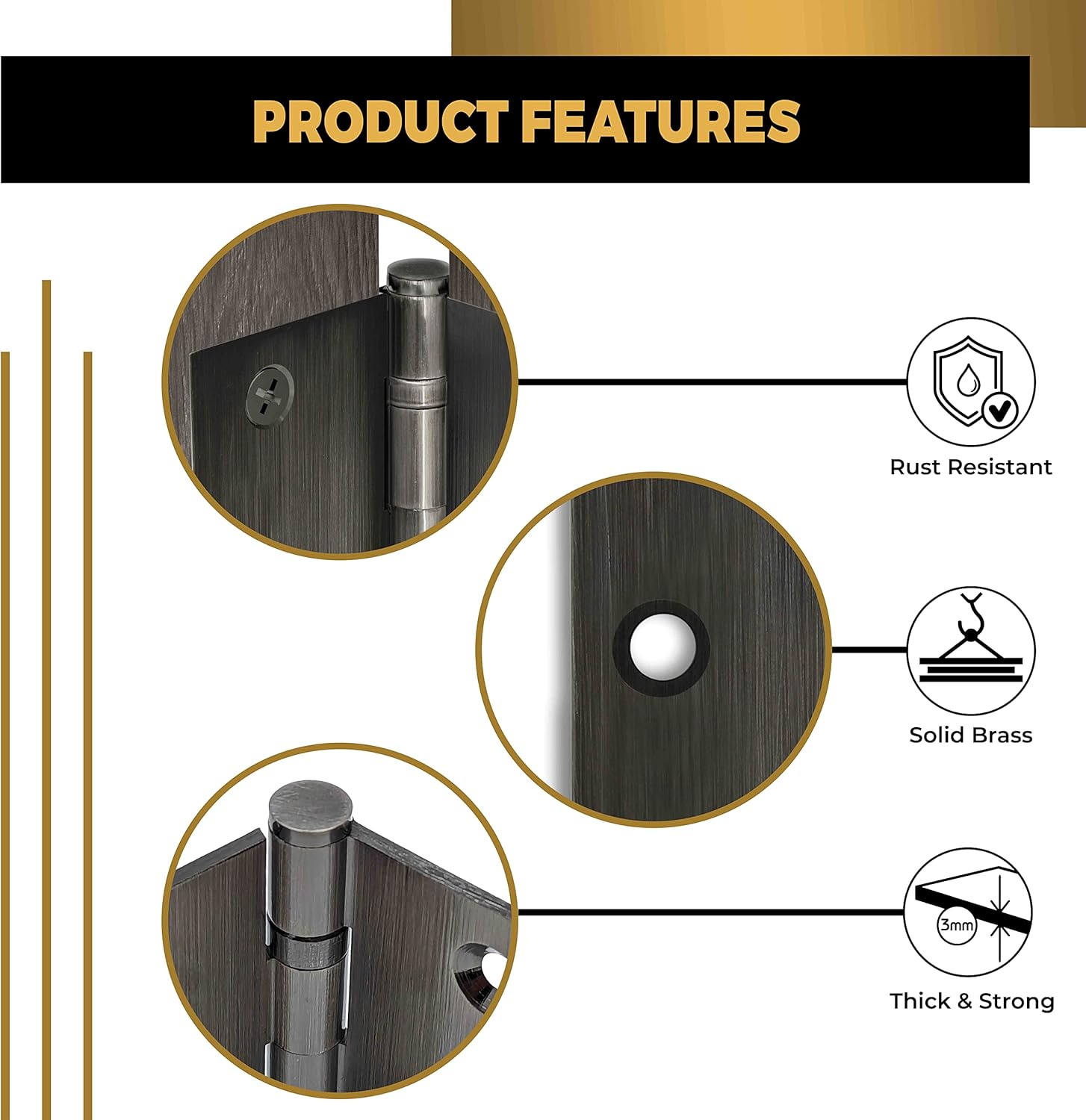 Solid Brass Door Hinge Heavy Duty Ball Bearing Polished 4x4 Inch - Set of 2 Hinges (Pewter)