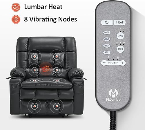 Miniatura 163 de MCombo Silla reclinable eléctrica de doble motor para personas mayores, silla elevadora plana con calor y masaje, portavasos, puertos USB, piel