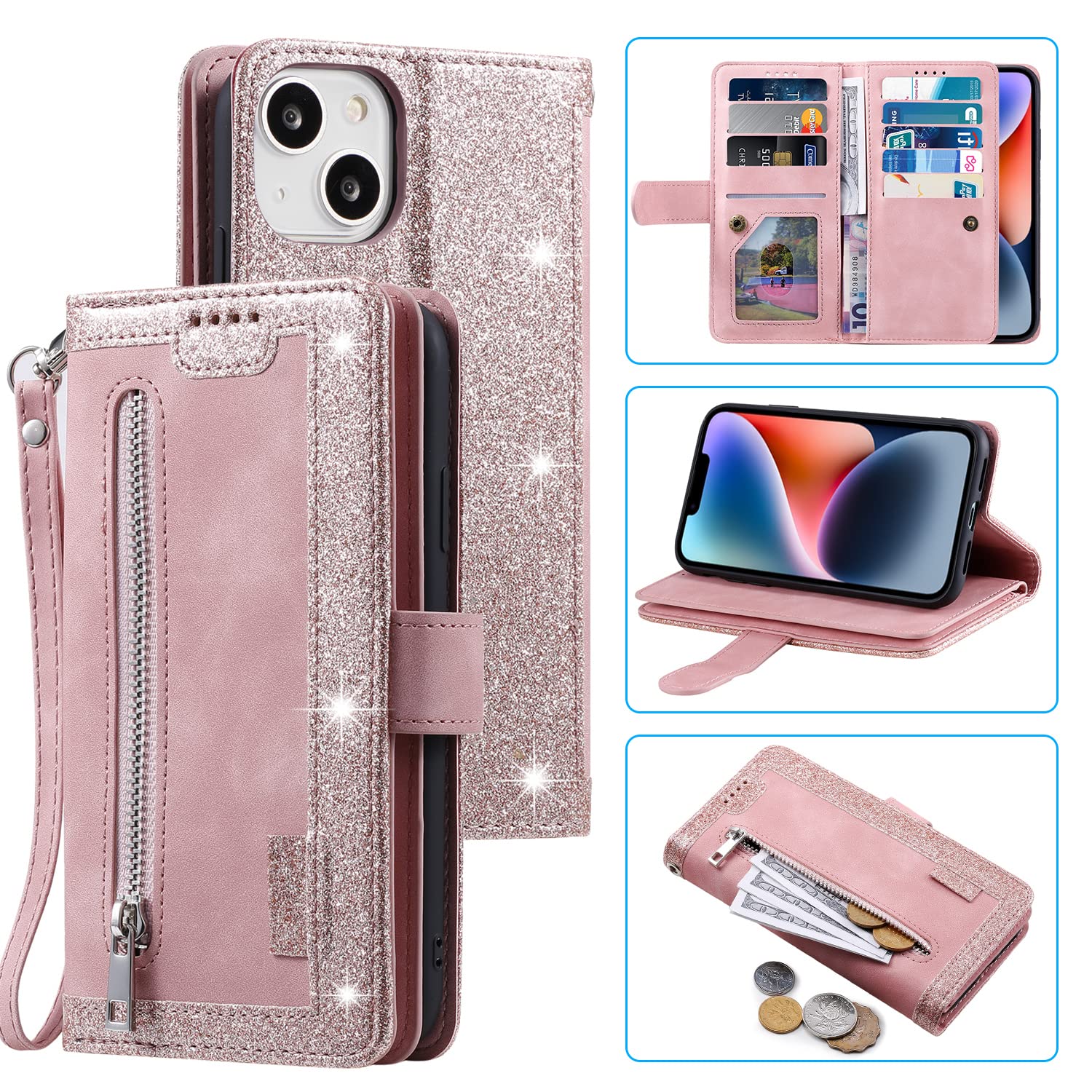 Wallet Case for Iphone 13 6.1 Inch, PU Leather Phone Case Kickstand RFID Blockin