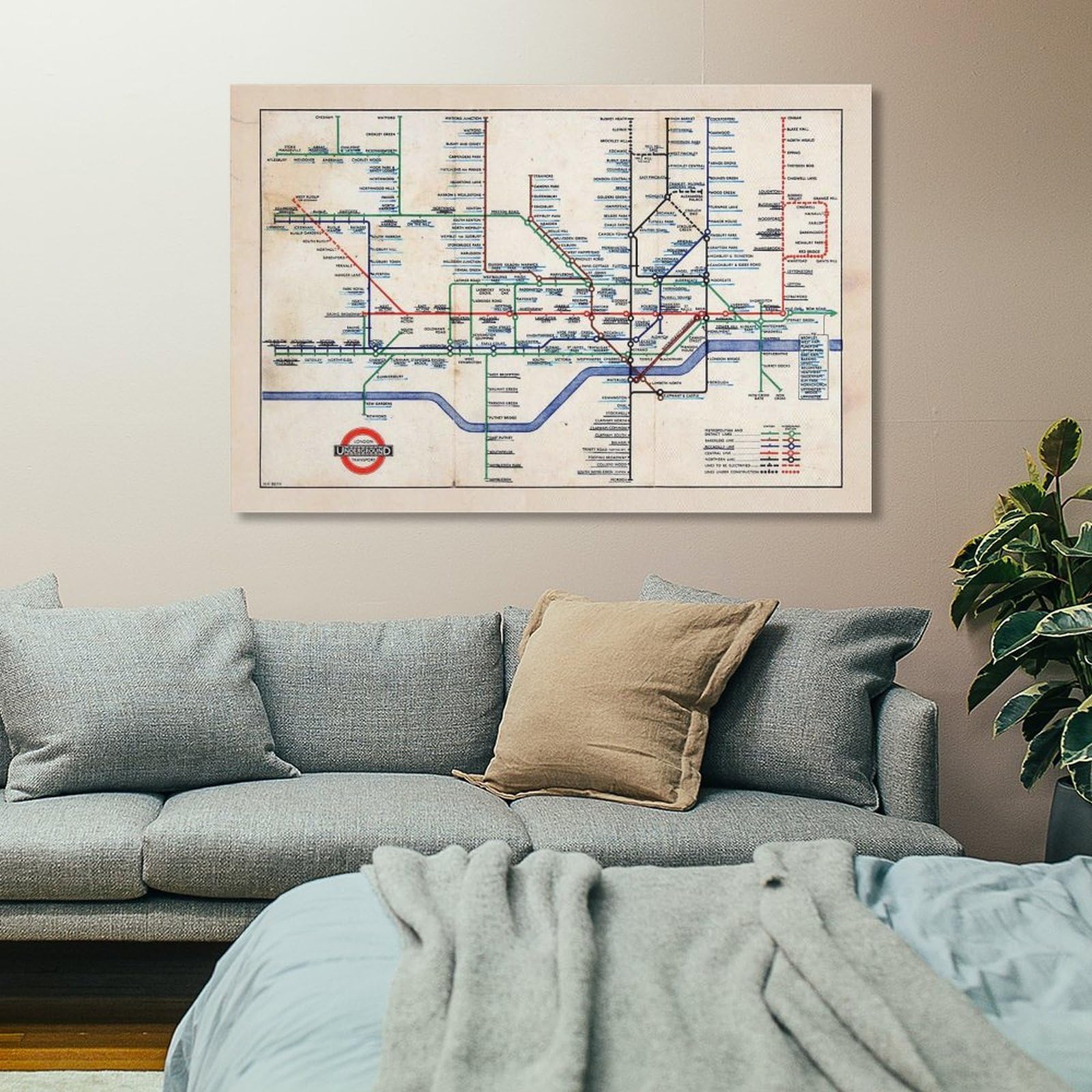 Generic Lienzo decorativo con mapa retro del metro de Londres de 1947, escala de grises, 60 x 90 cm, mapa histórico, perfecto para sala de estar, dormitorio, oficina, etc.