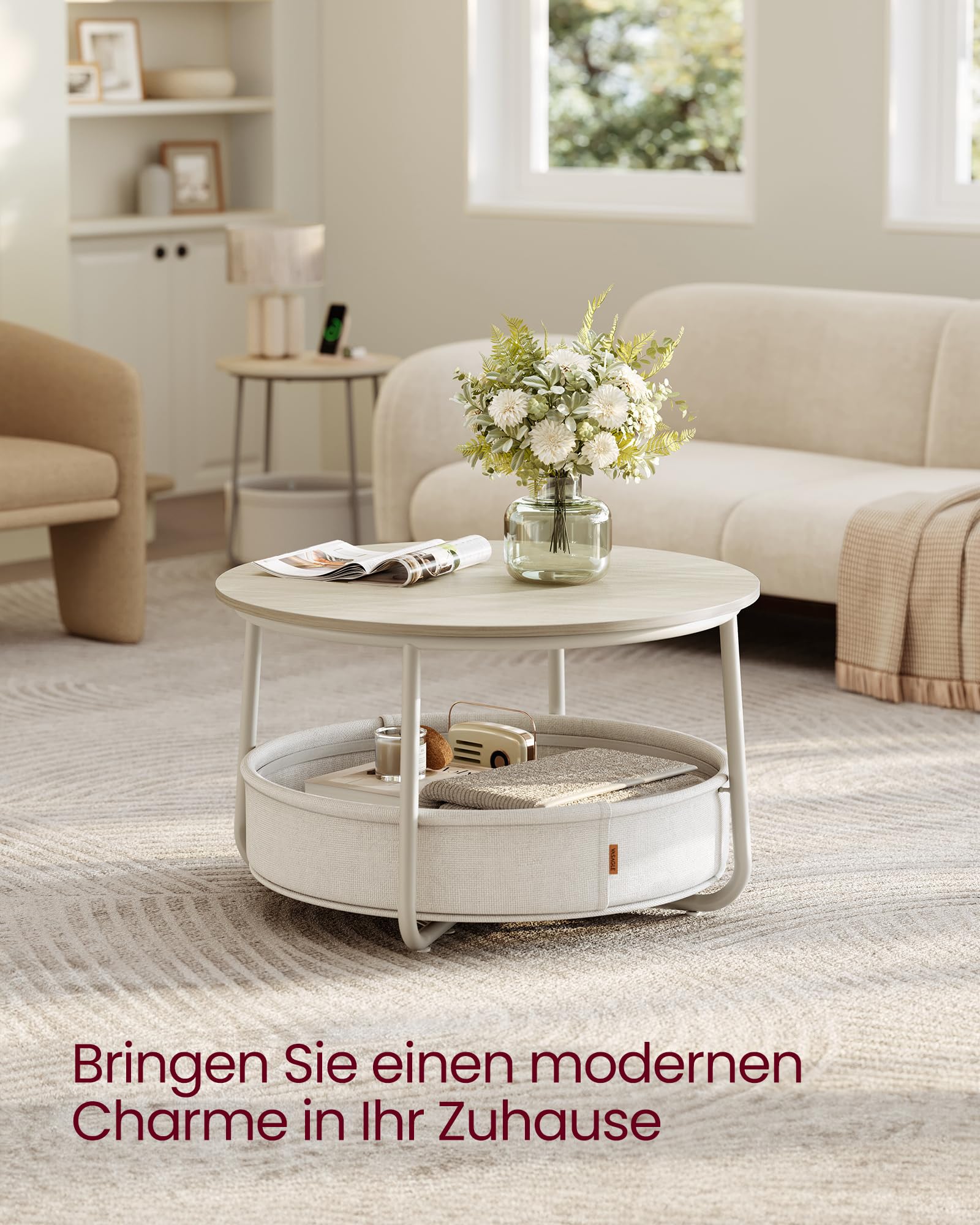 VASAGLE LILEA Kollektion - Couchtisch rund, Tisch mit Stauraum, Beistelltisch, Wohnzimmertisch mit Korb aus Stoff, modern, Metallrahmen, naturbeige-cremeweiß LCT244K01