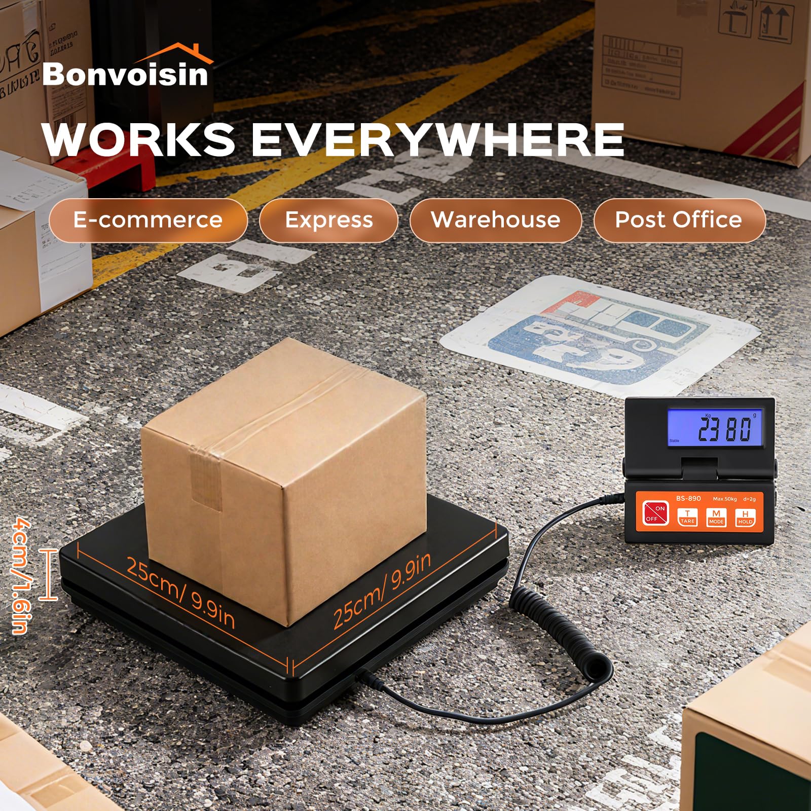 Bonvoisin Balance Postale Numérique 50kg/2g avec Grand Écran LCD Séparé, Conversion g/kg/oz/lb