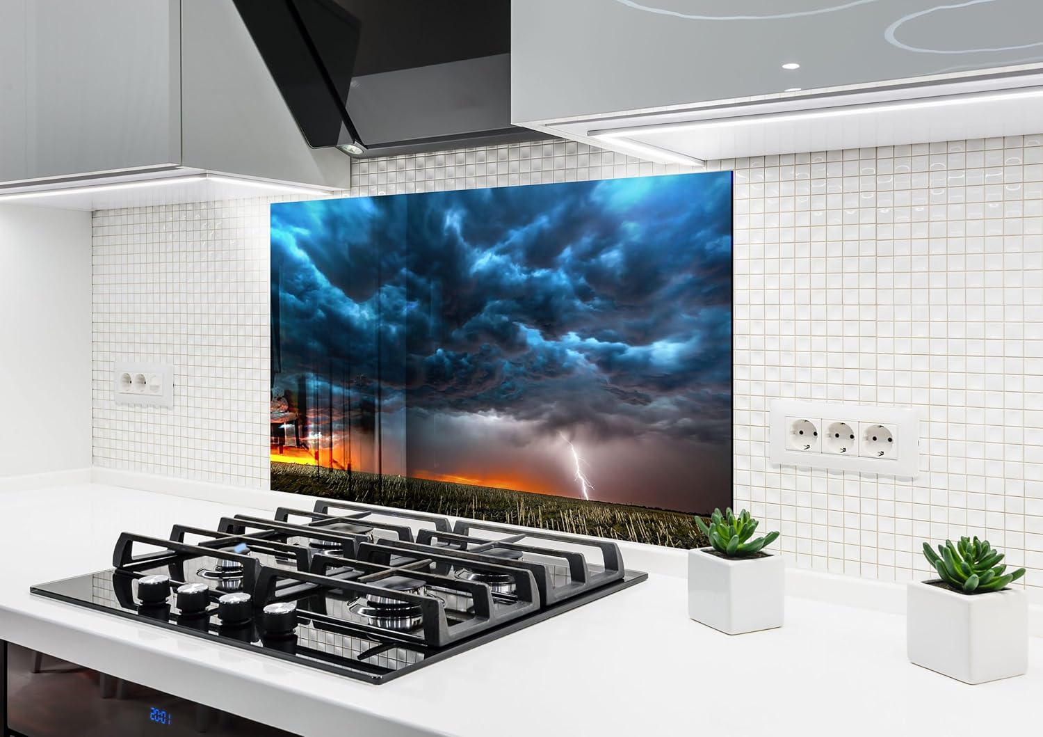 Myphotostation.com 35.4Wx14H''Tempered Glass Clouds Lightning Backsplash Design Cooker Wall Backsplash Panel Glass Splashback for Kitchen Panel Design Sky View Splashback Tile