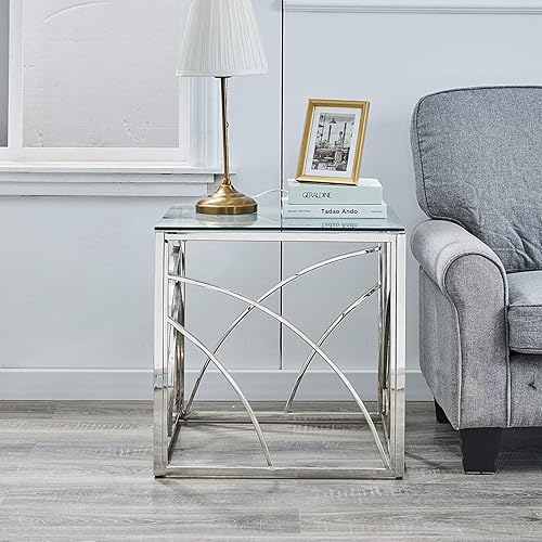 Miniatura 3 de Mesa auxiliar cuadrada de vidrio azul con parte superior de cristal gris astral, elegante marco de acero inoxidable, moderna mesita de noche dorada