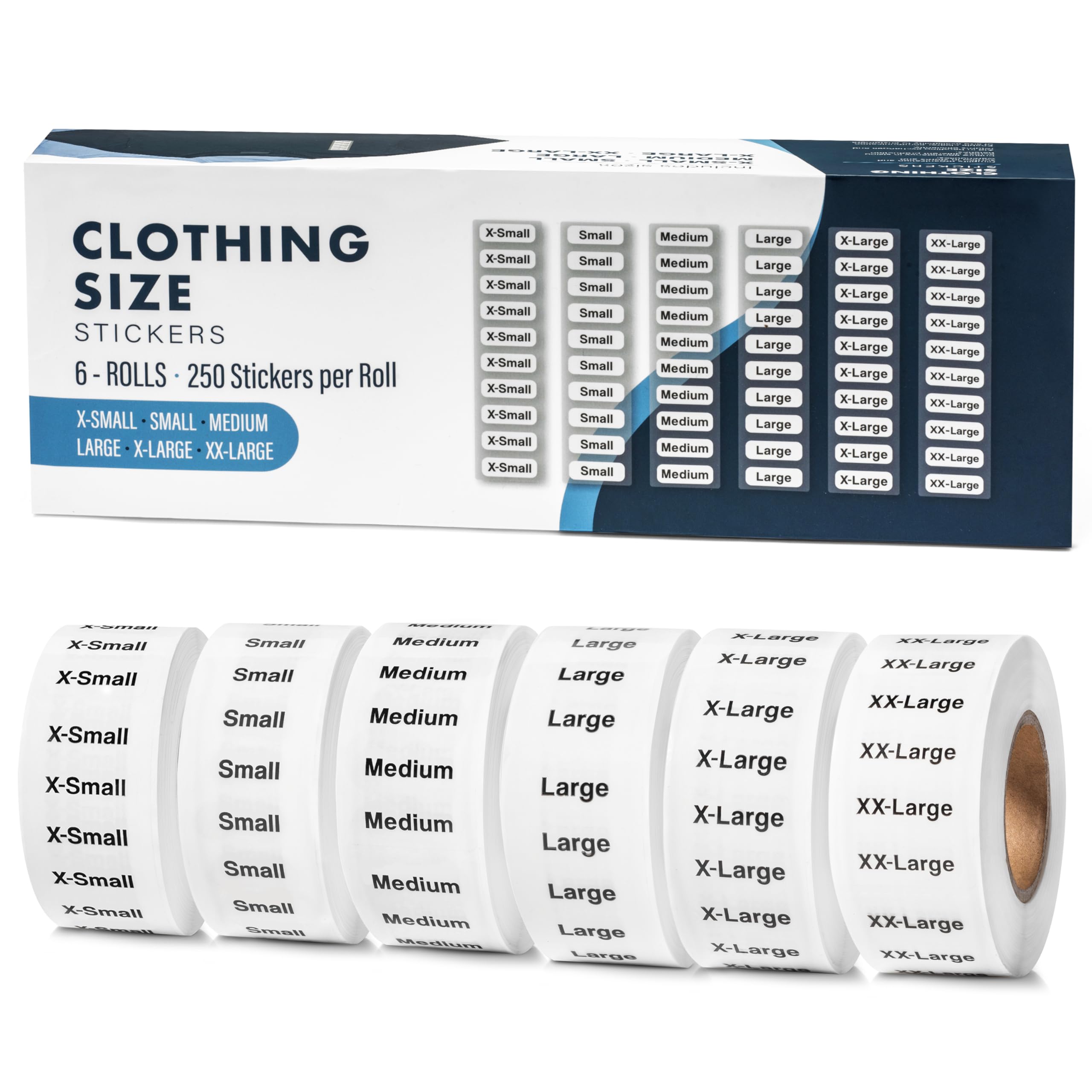 Juego de 1500 etiquetas de tamaño de ropa, etiquetas de 1.25 x 5 pulgadas, 6 rollos (XS, S, M, L, XL, XXL), 250 etiquetas/rollo, etiquetas adhesivas transparentes de tamaño de ropa para camisas,