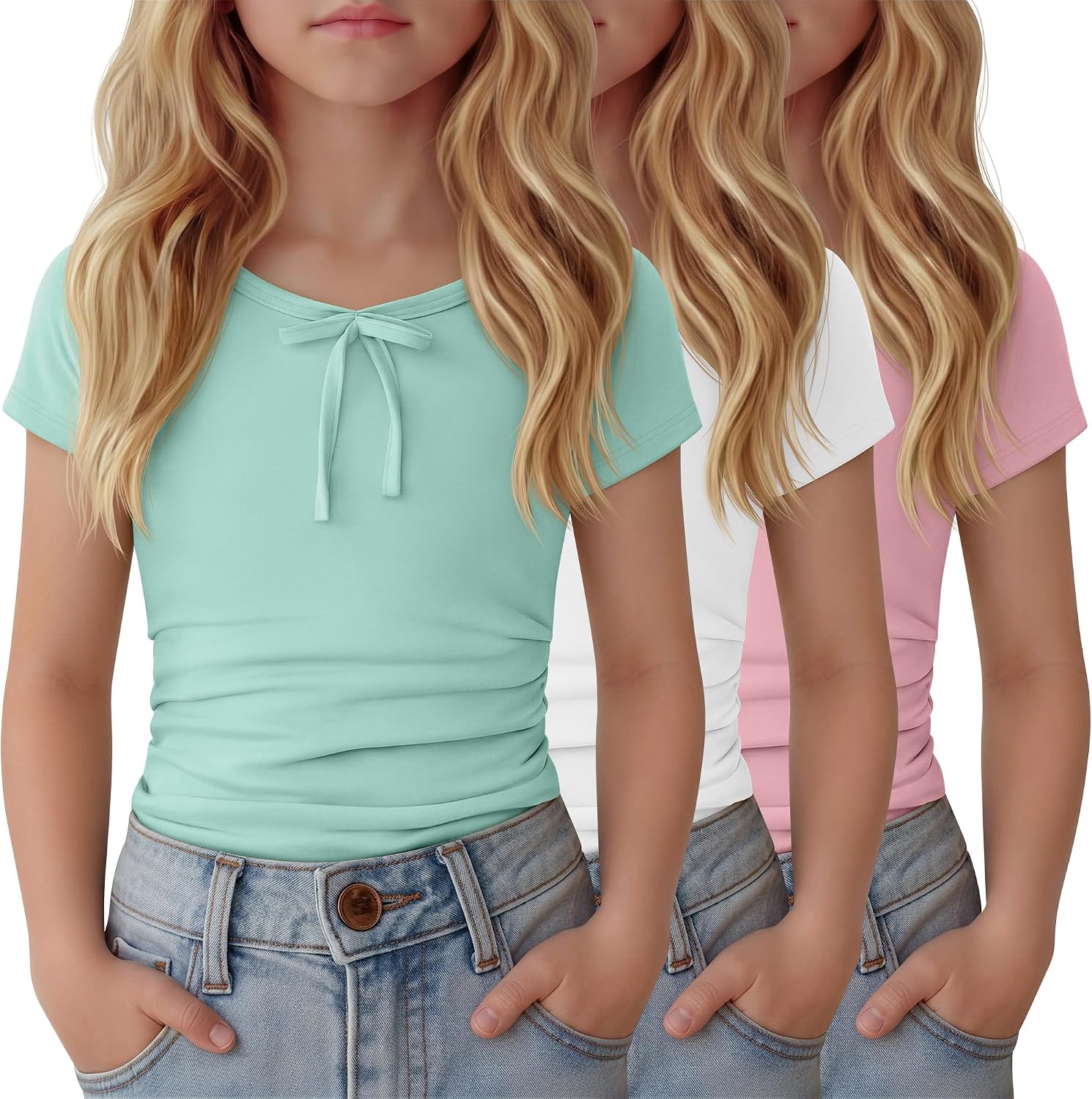 3 Pack Girls Short Sleeve Tops Kids Ruched Slim Fitted Shirt Crew Neck Cute Bow Tees Teen Summer T-Shirt 5-14 Years