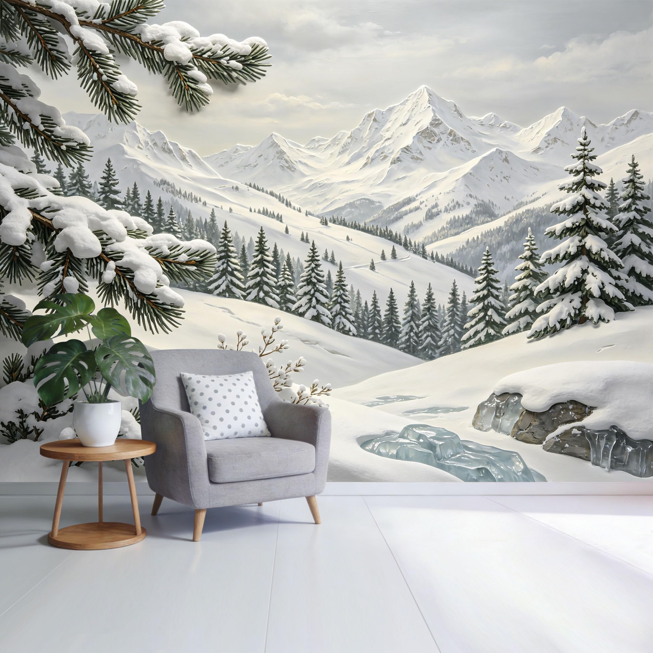 Custom Size Wall Mural Snowy Mountain Landscape Pine Forest Winter Stream Scenic View SelfAdhesive Wall Fabric Removable Wallpaper for Home Office Decor