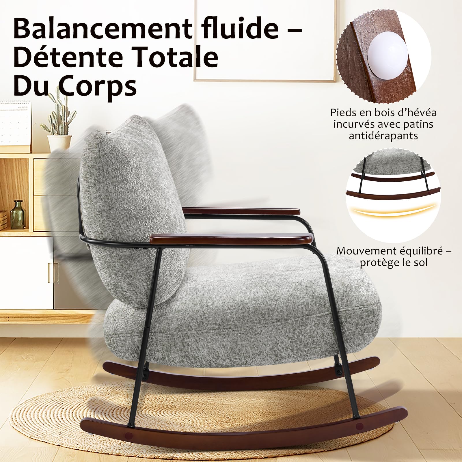 Hellove Fauteuil à Bascule Cocooning en Chenille – Rocking Chair Moderne avec Pieds Bois Massif, Fauteuil Relax pour Salon, Chambre, Coin Lecture, Gris