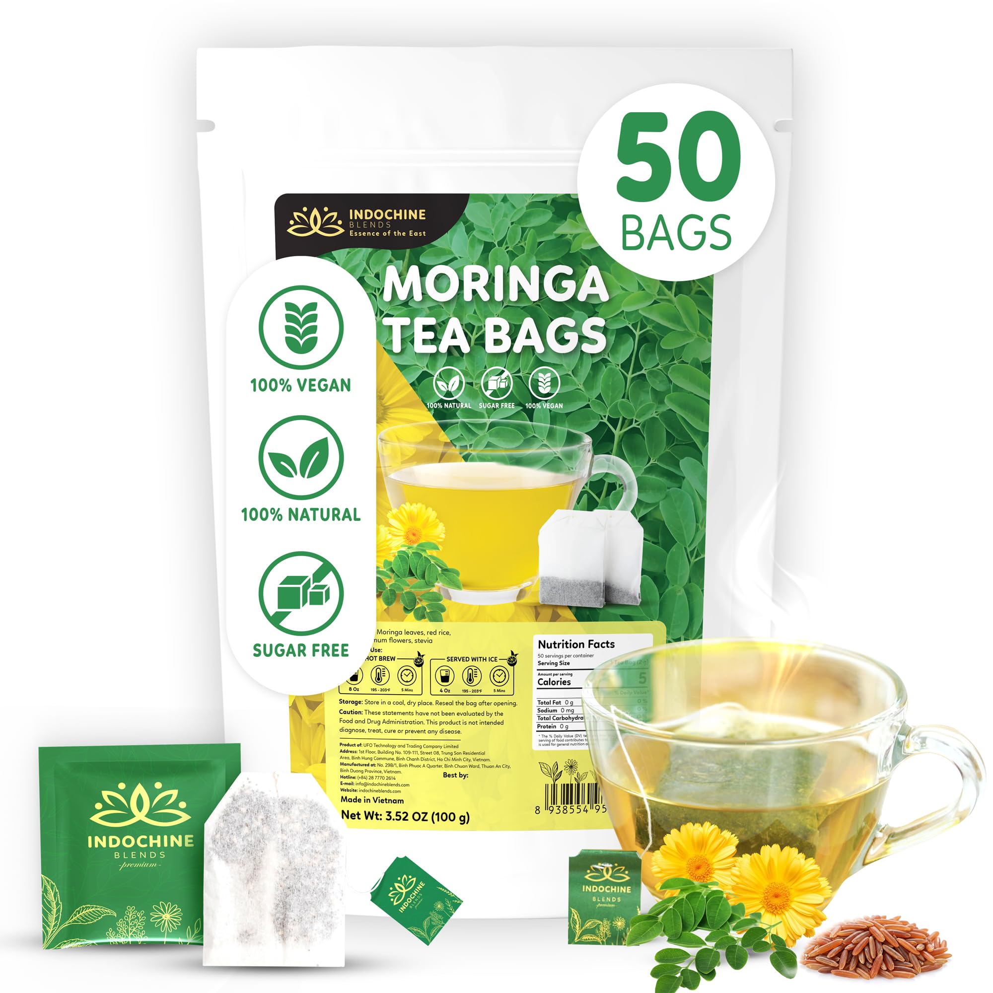 Indochine Blends Tea Bags | Sugar-Free, Caffeine-Free Herbal Tea | Double Chamber, Individually Wrapped Bags | Rich in Natural Goodness and Flavor (50