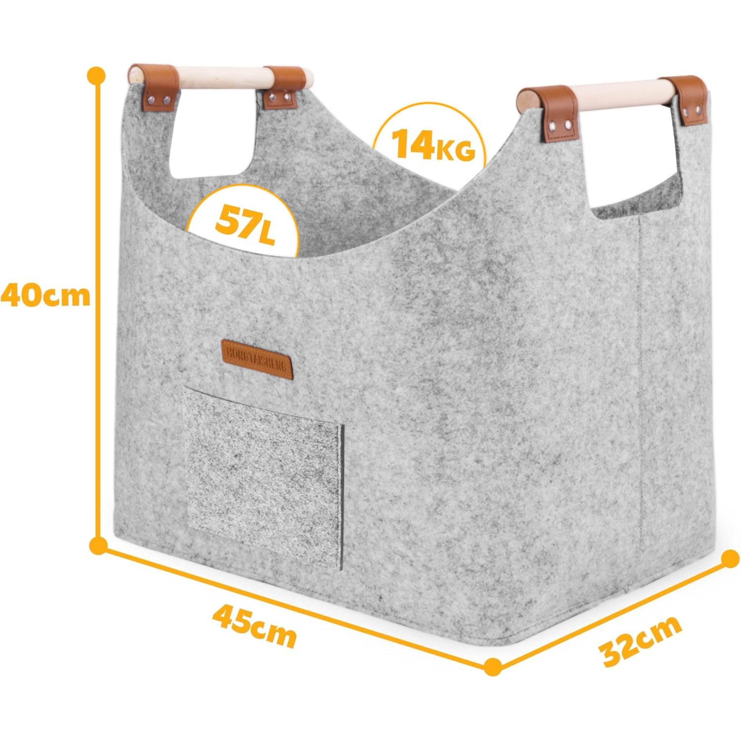 Cesto in feltro extra spesso per legna da ardere XL con manico rinforzato pieghevole Grigio oscuro