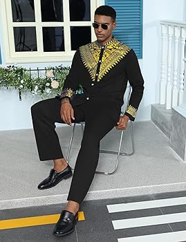 ZSJR Mens African 2 Piece Set Metallic Traditional Suit Gold Stamp