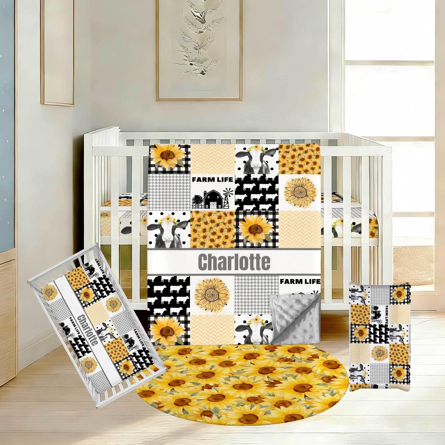Personalized Baby Boy Crib Bedding Set with Name – Custom 3 Piece Nursery Bedding with Dotted Minky Blanket, Fitted Crib Sheet and Changing Pad Cover, Farm Animals Theme for Newborns and Toddlers