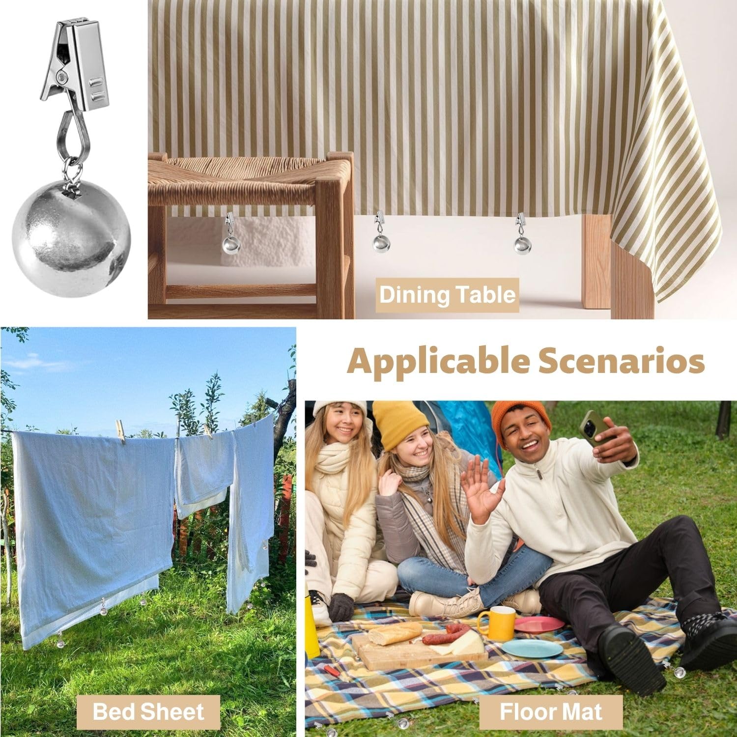 Poids de nappe de table lot de 6 pièces, boules en acier inoxydable avec clip, stables et extra lourdes