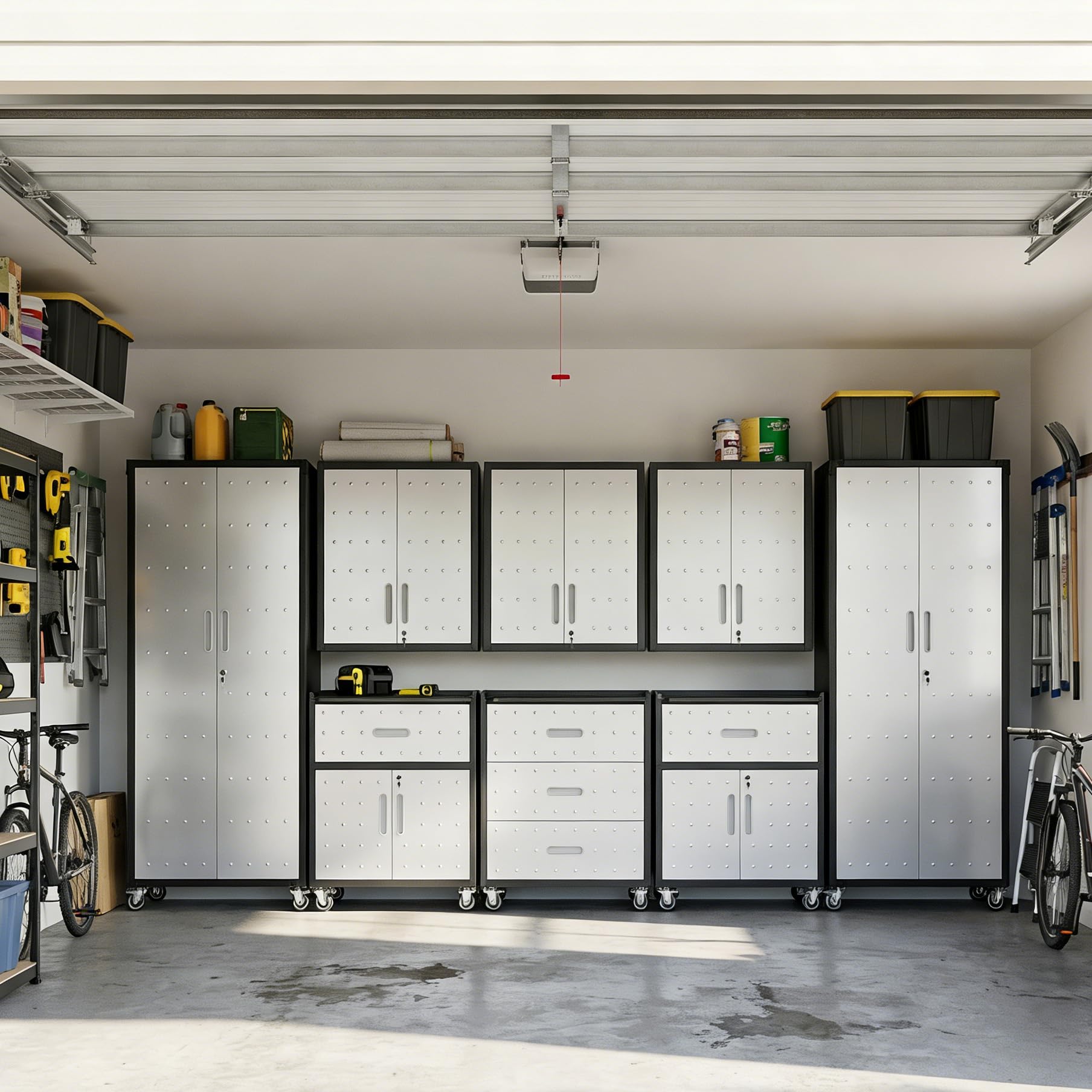 Garage Cabinet System | Heavy Duty Steel All-in-One Modular Garage Cabinet Set for Ultimate Workshop Organization | Easy Assembly Garage Storage Cabinets &amp; Tool Bench