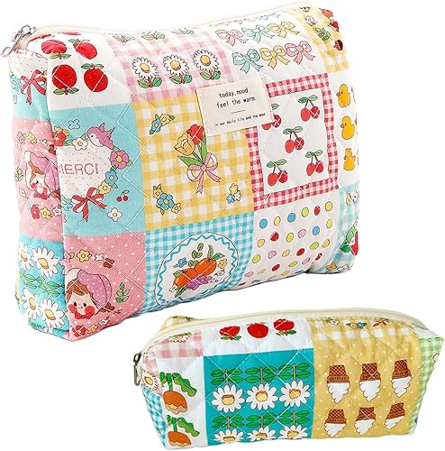 Bonita bolsa de maquillaje acolchada de algodón floral, bolsa de maquillaje grande, bolsa de almacenamiento para oficina, universidad, escuela,