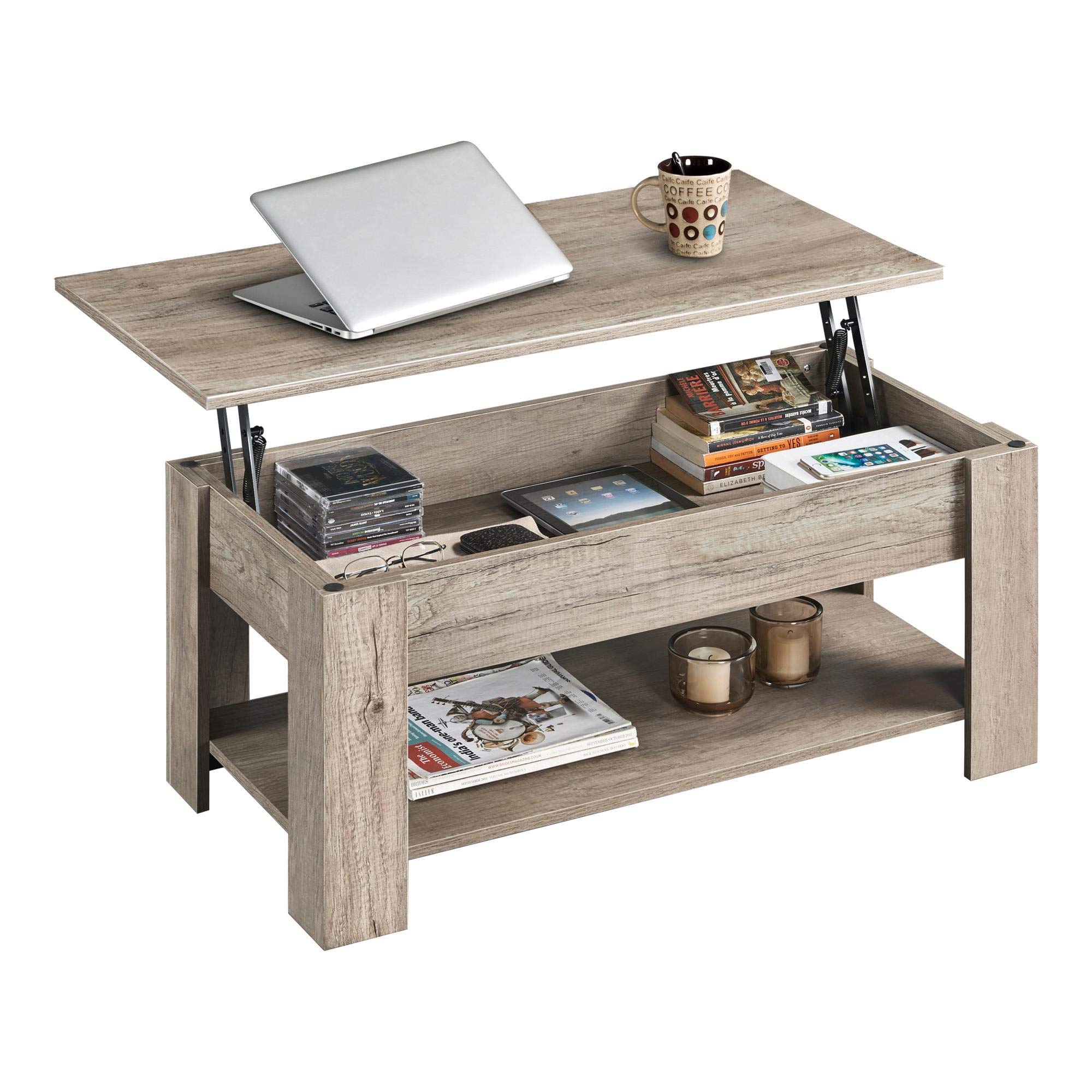 Yaheetech Tavolino da caffè sollevabile ed estensibile con portariviste 98 x 50 x (41,8 – 56) cm Tavolo da soggiorno o sala da pranzo, tavolino da caffè con ripiano nascosto grigio