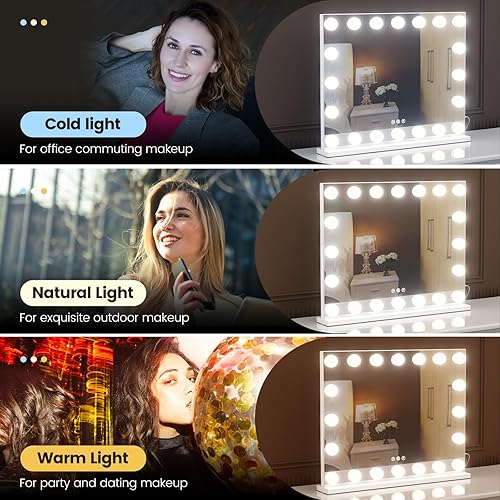 Miniatura 8 de AJJSSA Espejo de tocador con luces, 22.8 x 18.2 pulgadas, gran espejo de maquillaje iluminado Hollywood con 10 aumentos y 20 bombillas LED