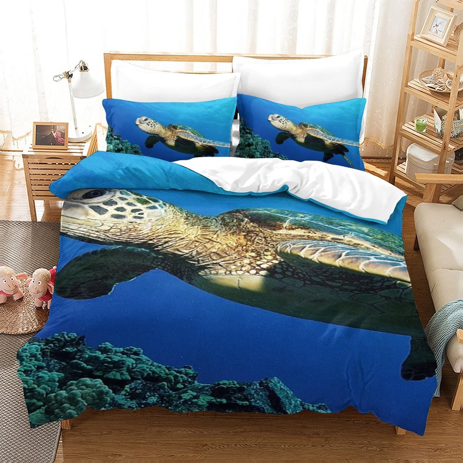 Parure de lit motif tortue animal 3D avec housse toutes saisons toucher ultra doux