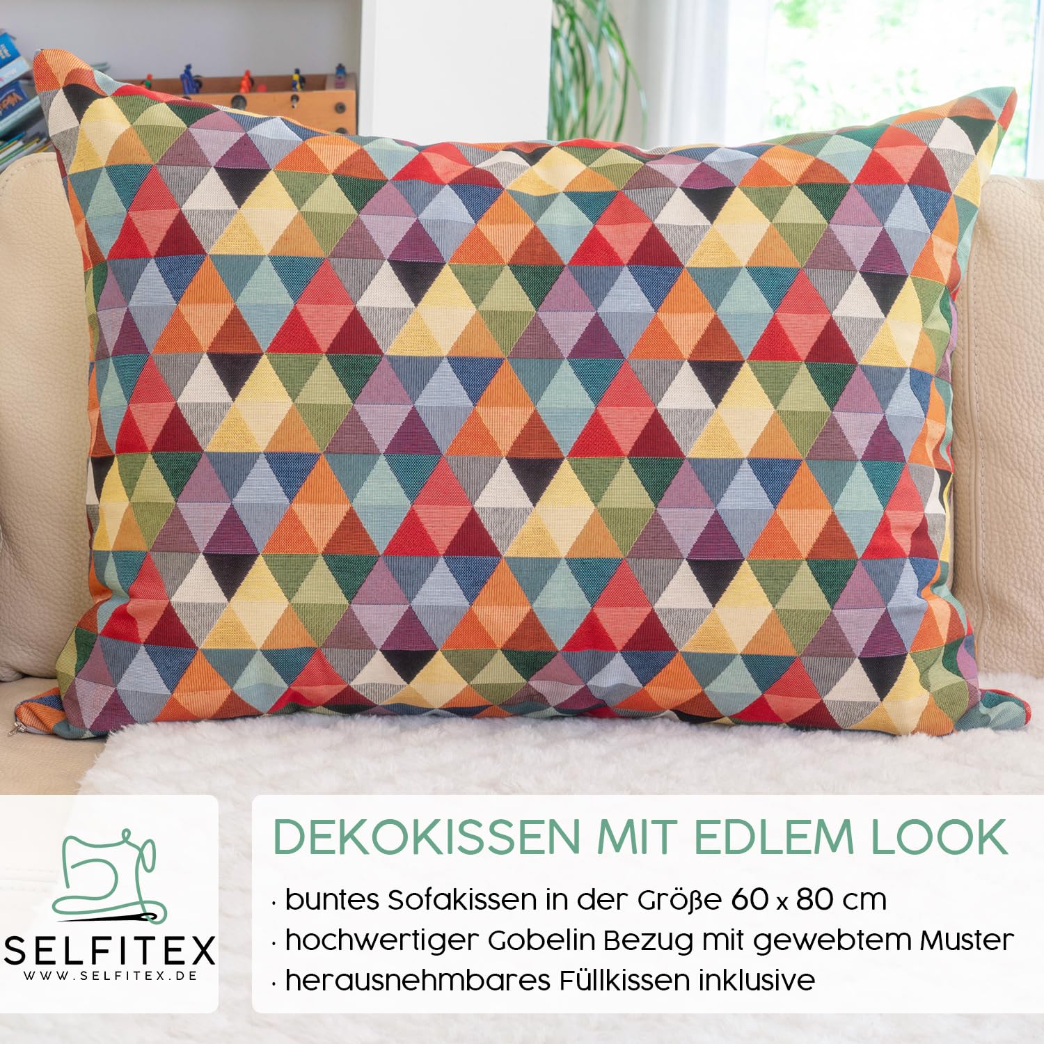 Selfitex Buntes Couchkissen XXL 60x80 cm, Sofakissen mit Füllung und Bezug, kuschelweiches Lesekissen, dekoratives Fernsehkissen, Deko- und Kopfkissen, Rückenkissen (Dreieck)