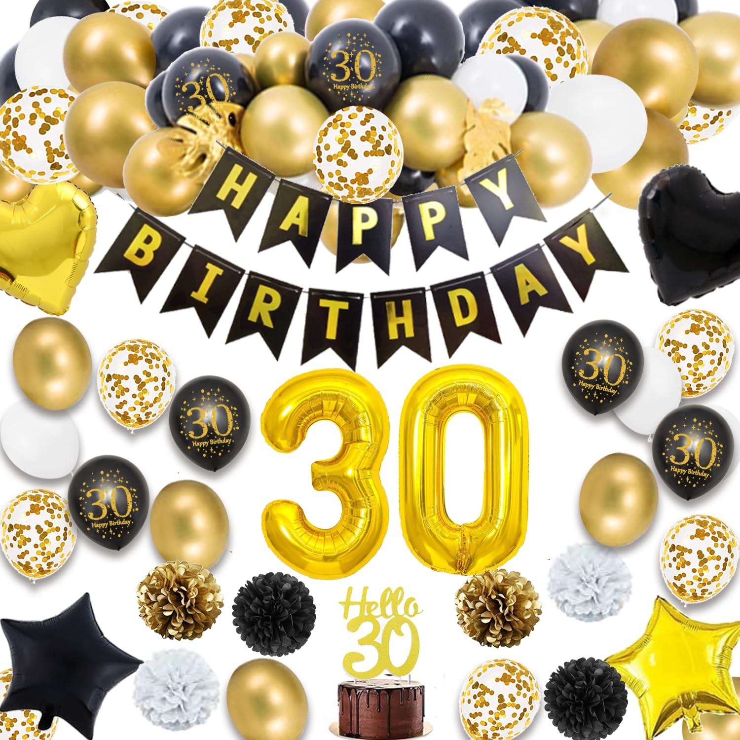 Finypa 30th Birthday Decorations for Men Women,Black Gold Balloon Garland Kit,30 Birthday Party Decorations Happy Birthday Banner Confetti Balloon Arch for 30th Birthday Party