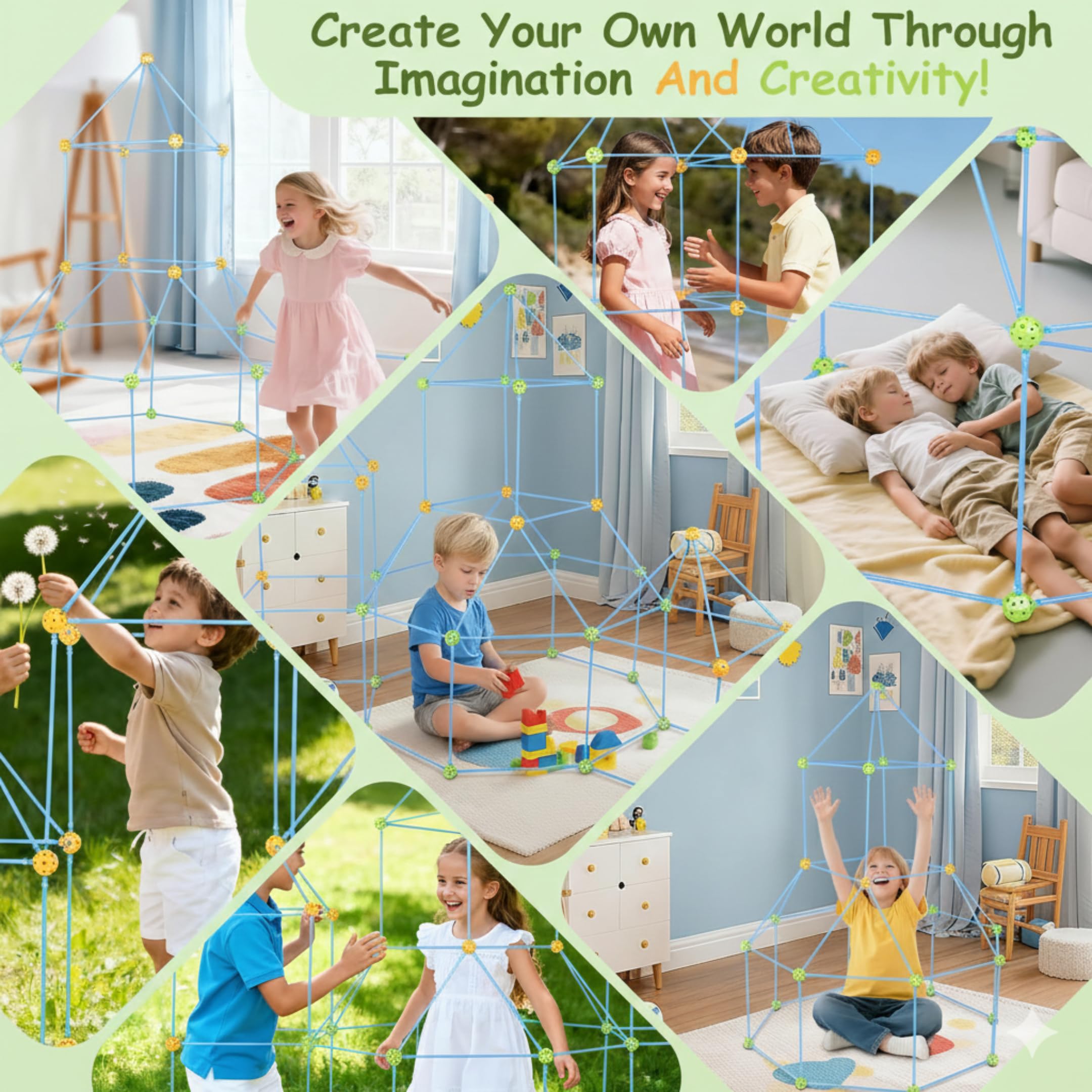 Malau – Cabaña para Construir para Niños – Kit Construcción Infantil Fort Building Toy DIY – Casa, Castillo, Tipi, Túnel e Iglú – Juego de Construcción Creativo Interior Exterior +3 Años (278 Piezas)