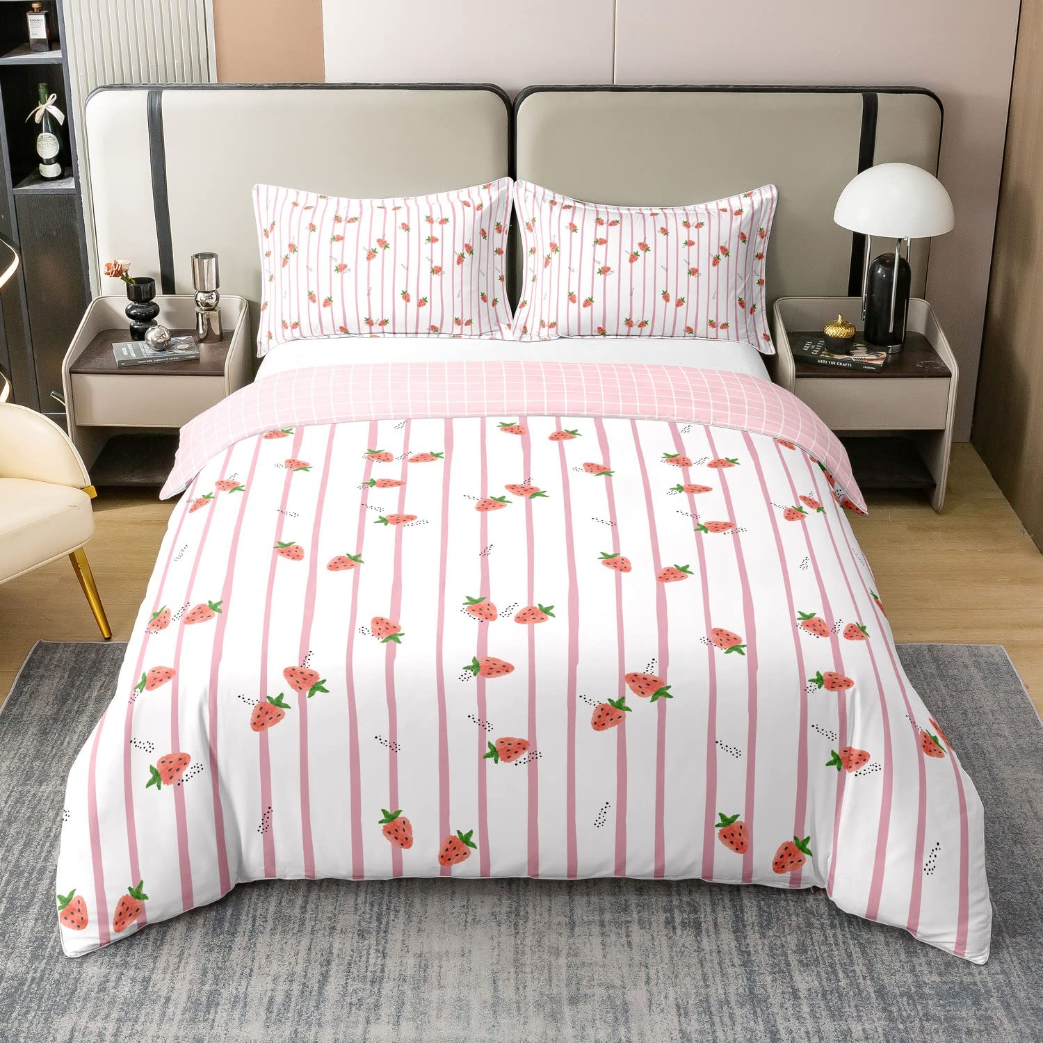 100% Baumwolle Erdbeere Comofrter Bezug,Kinder Süße Obst Bettbezug 135x200,Erdbeere Bettwäsche Set für Mädchen Schlafzimmer,Geometrische Streifen Reversible Steppdeckenbezug mit 1 Kissenbezug,Rosa