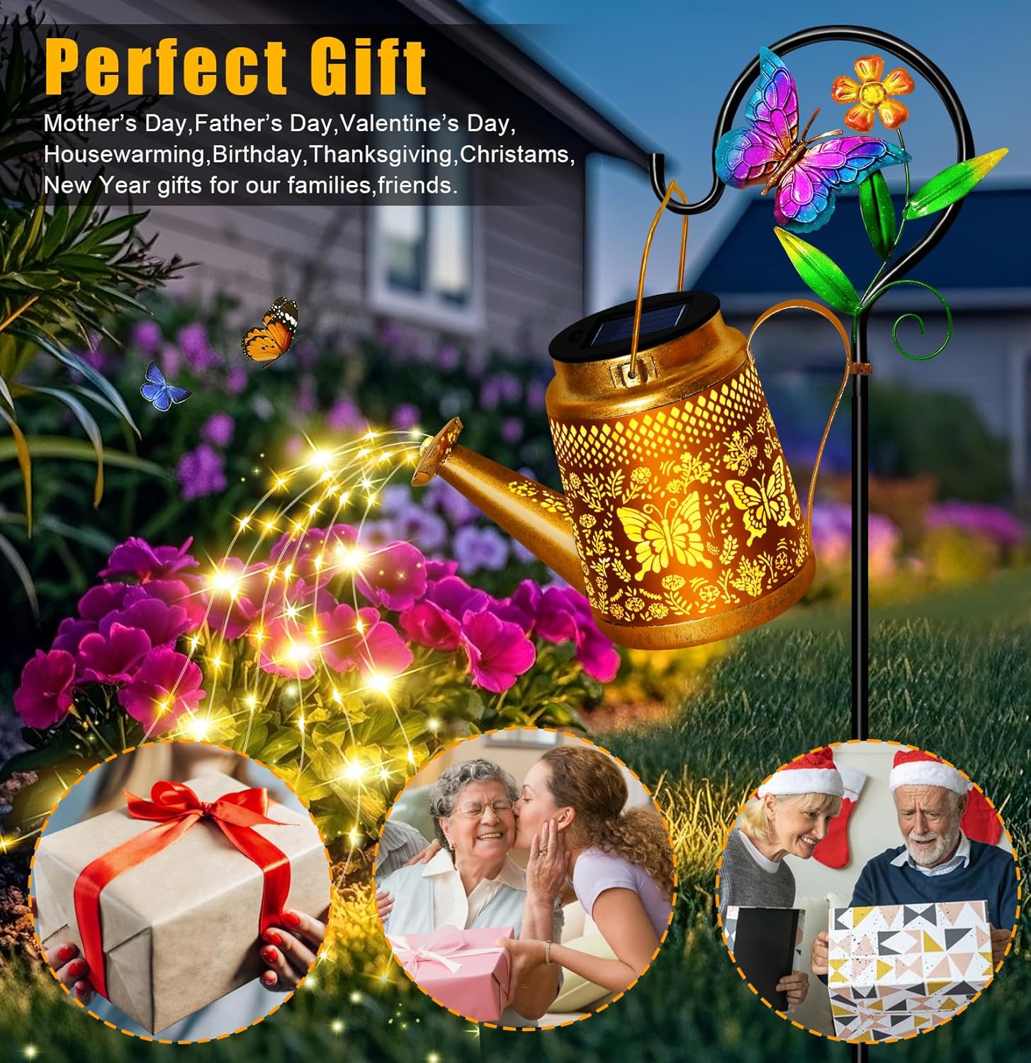 Solar Watering Can Lights,2 Pack Butterfly Lanterns with Butterfly Shepherd Hook,Waterproof Solar Garden Lights for Landscape Pathway Yard Backyard,Garden Decor Gifts for Mom Grandma Women